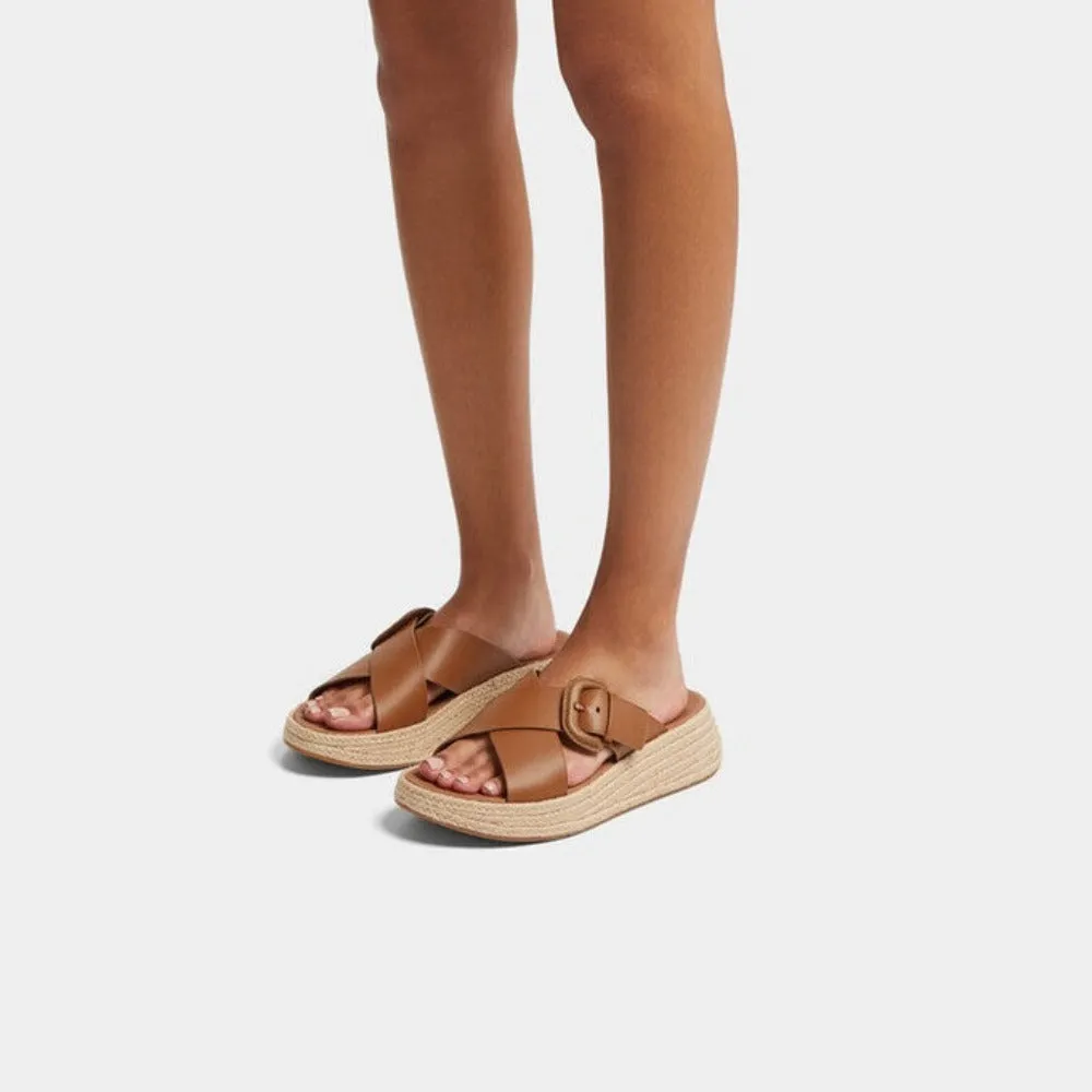 รองเท้าแตะ ผู้หญิง รุ่น F-MODE ESPADRILLE BUCKLE LEATHER FLATFORM CROSS SLIDES