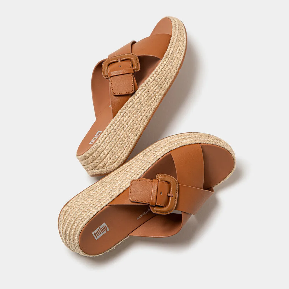 รองเท้าแตะ ผู้หญิง รุ่น F-MODE ESPADRILLE BUCKLE LEATHER FLATFORM CROSS SLIDES