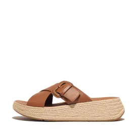 รองเท้าแตะ ผู้หญิง รุ่น F-MODE ESPADRILLE BUCKLE LEATHER FLATFORM CROSS SLIDES