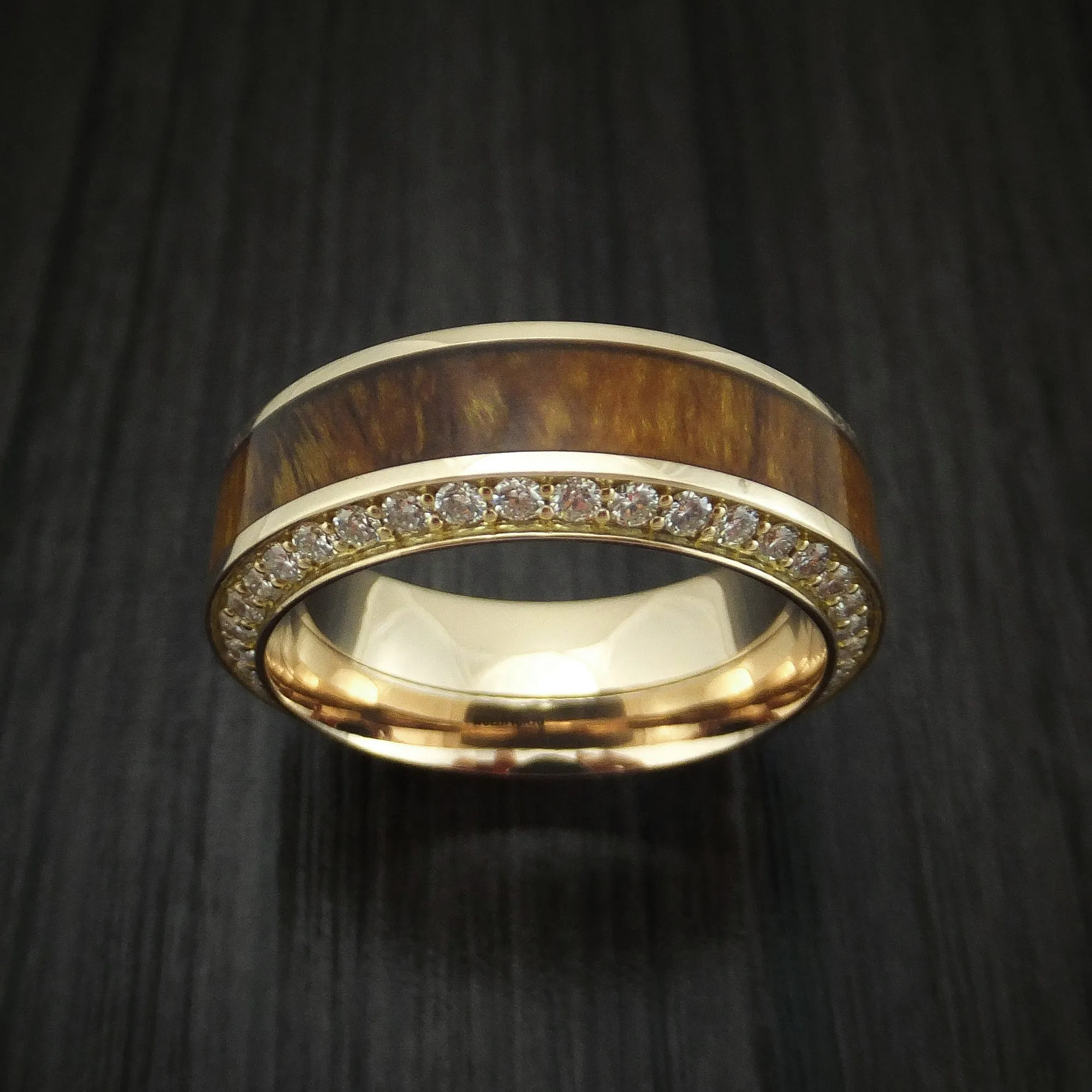 14K Gold Men's Ring With Wood Inlay And Eternity Set Diamonds Custom Made Band