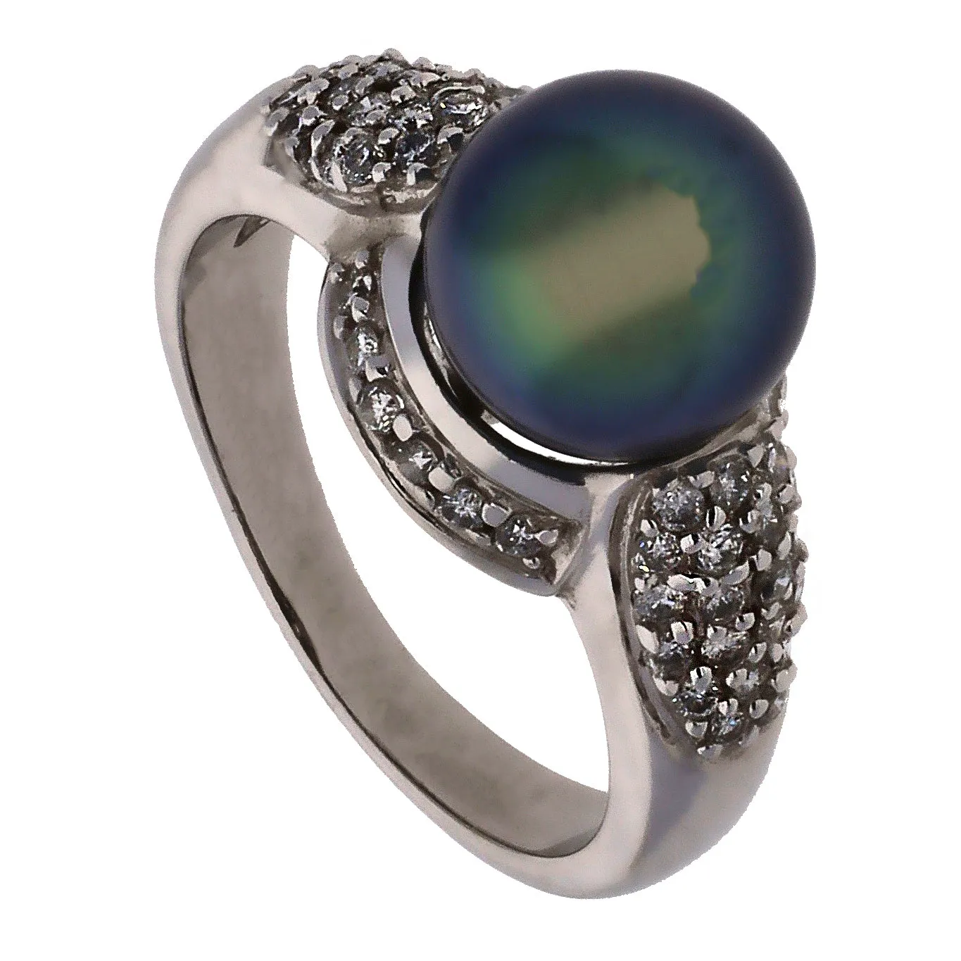 14K White Gold 9mm Black Pearl and Diamond Ring