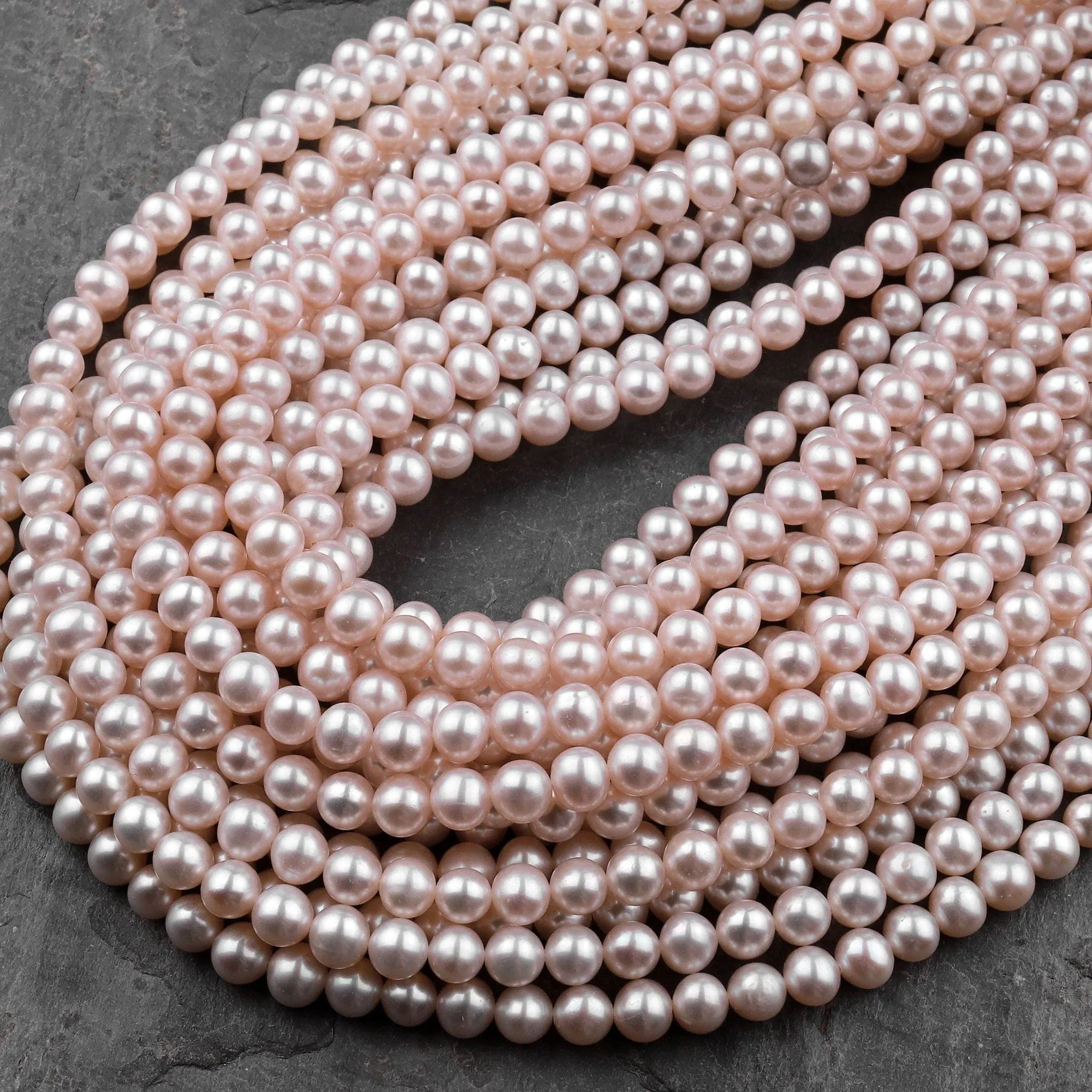 AAA Genuine Freshwater Pearl 5mm 6mm Round Iridescent Metallic Soft Pink Peach Color high Luster 16" Strand