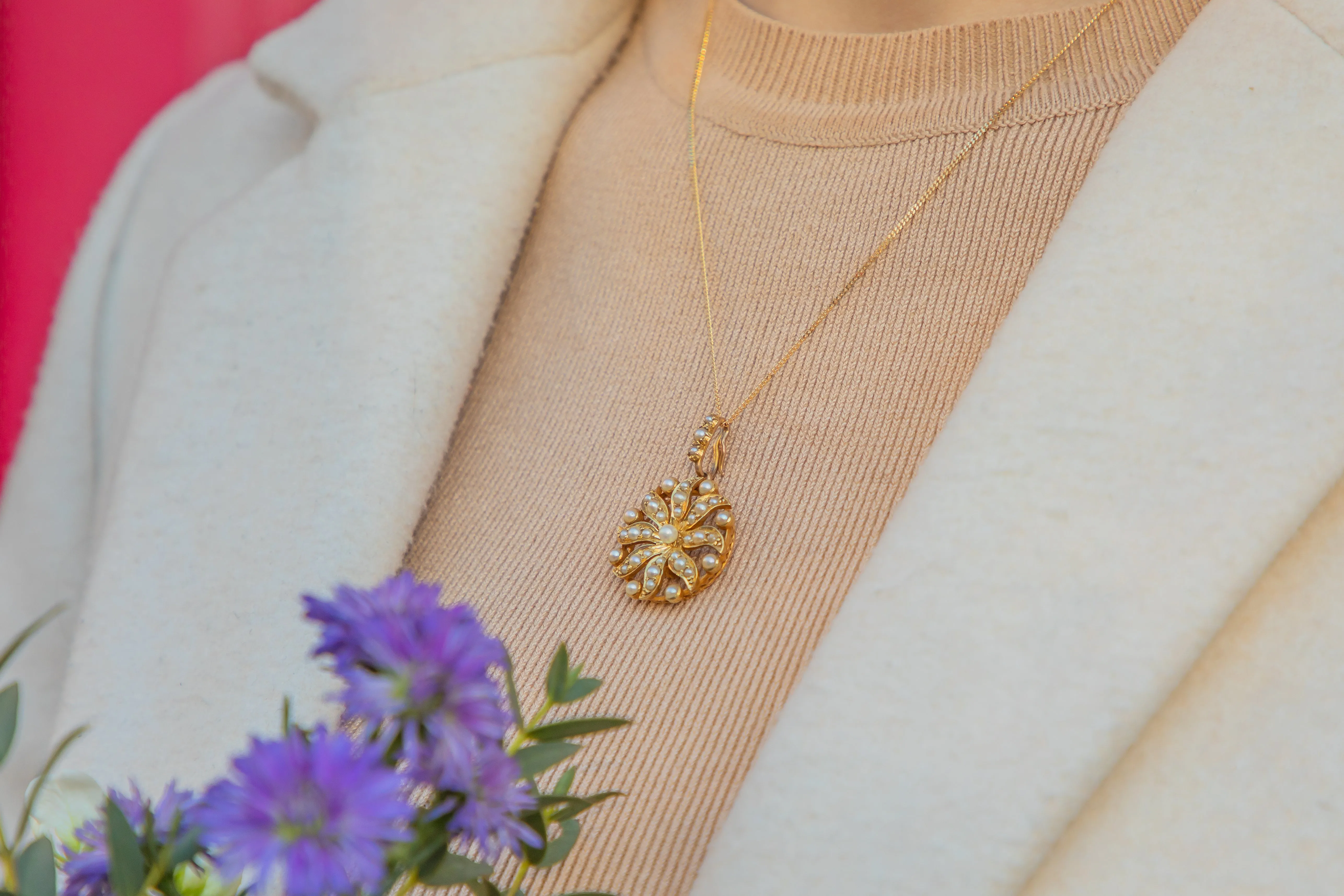 Antique 15ct Gold Pearl Flower Pendant