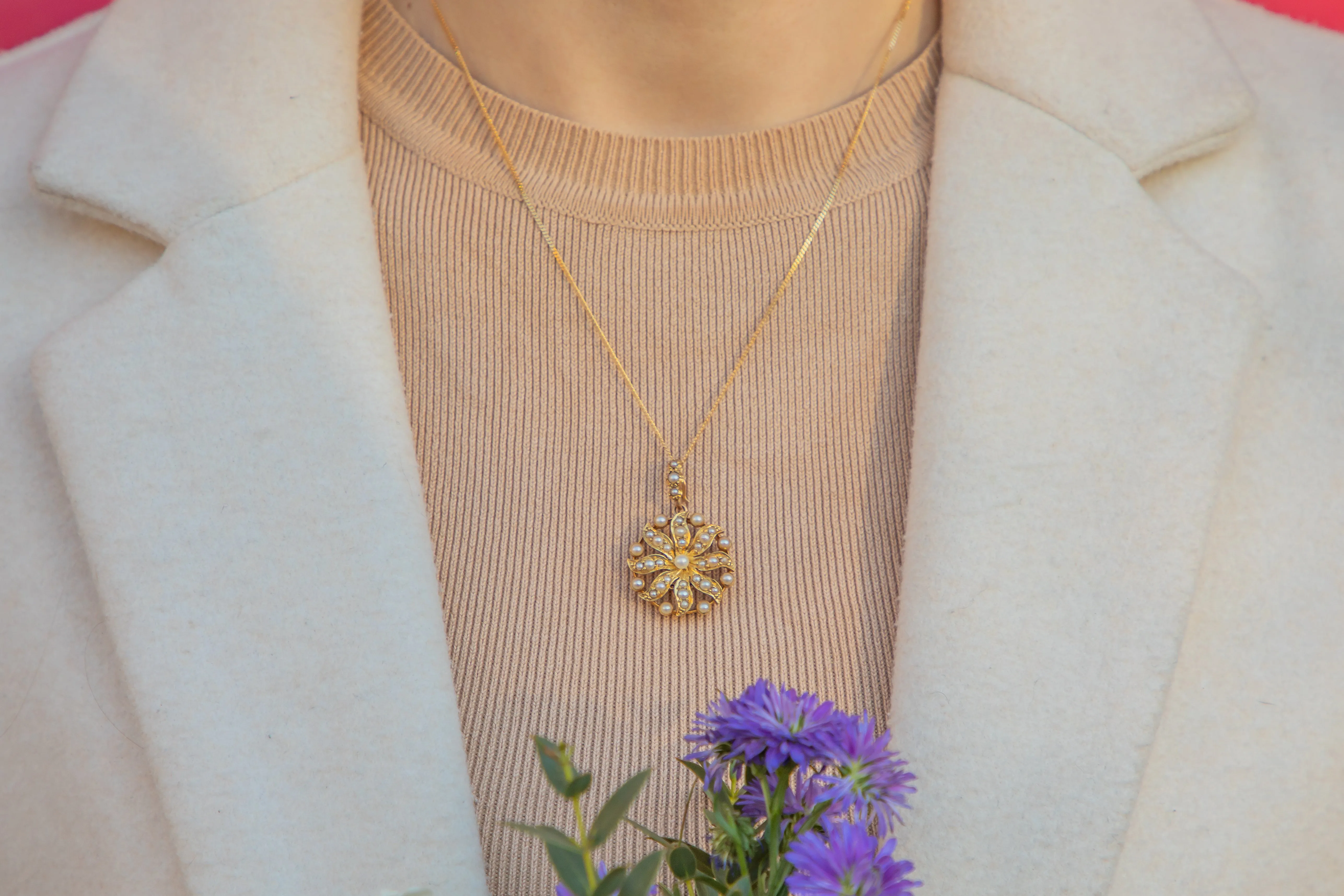 Antique 15ct Gold Pearl Flower Pendant