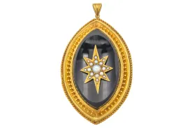 Antique 18ct Gold Starburst Pearl Onyx Etruscan Pendant