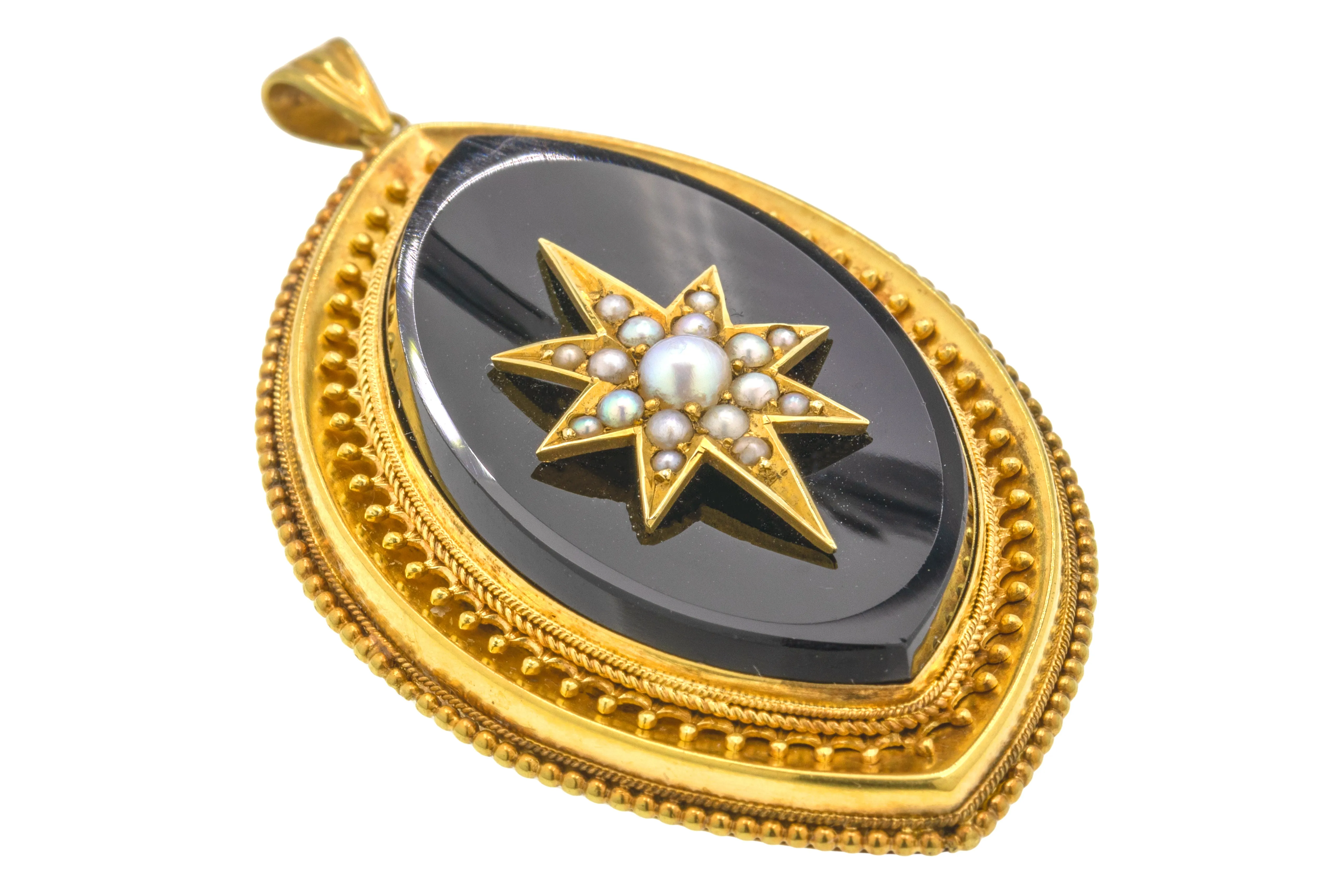 Antique 18ct Gold Starburst Pearl Onyx Etruscan Pendant