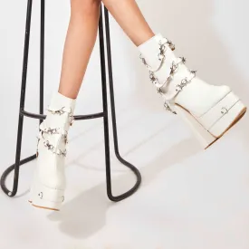Bravo (Boots Platform Blocks ,  White Boots Ankle Length)