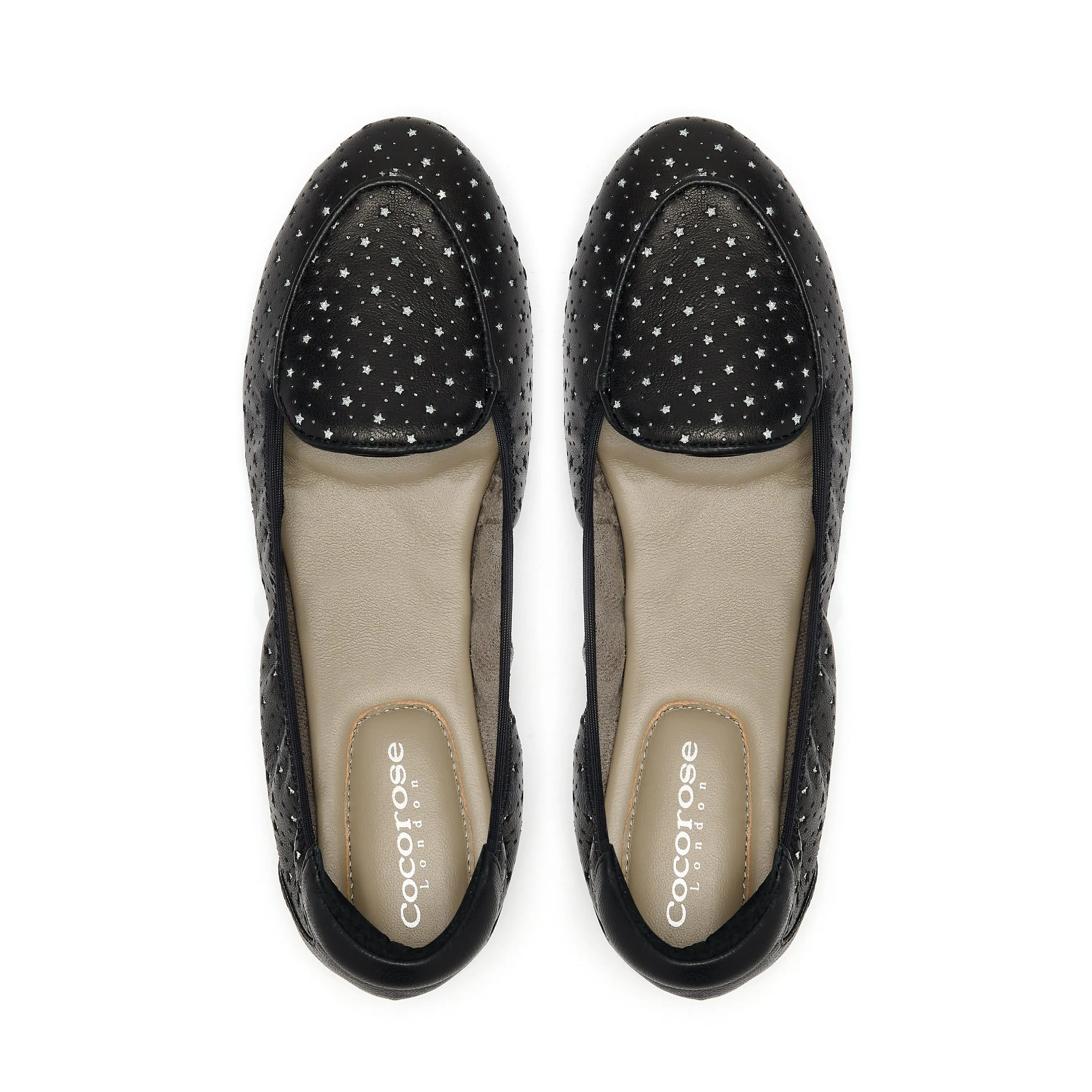 Clapham - Black Leather Flats with Silver Stars