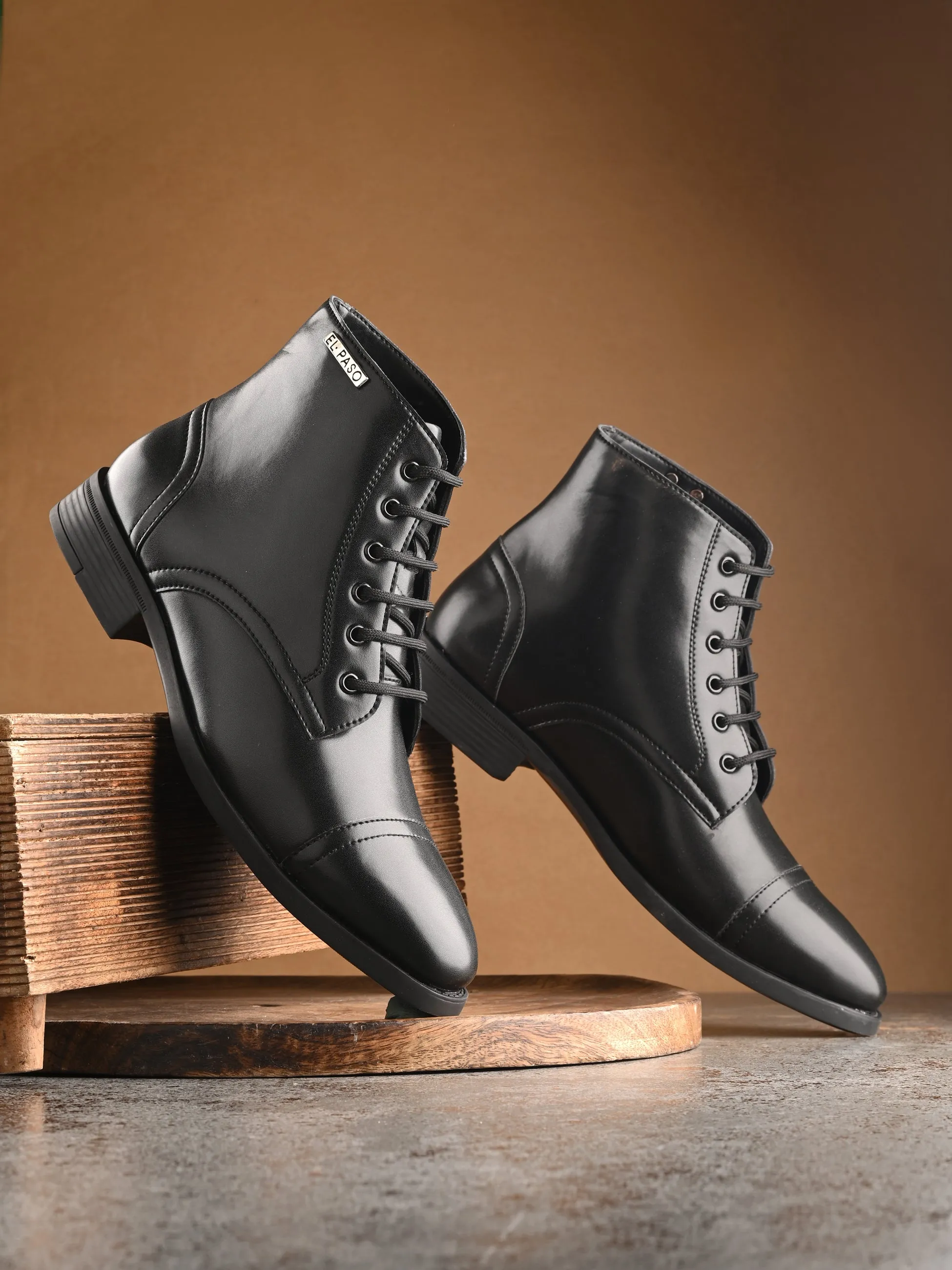 EL PASO Men Black Faux Leather Formal Lace UP Boots