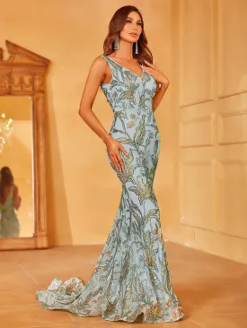 Floral Sequin Backless Mermaid Dress