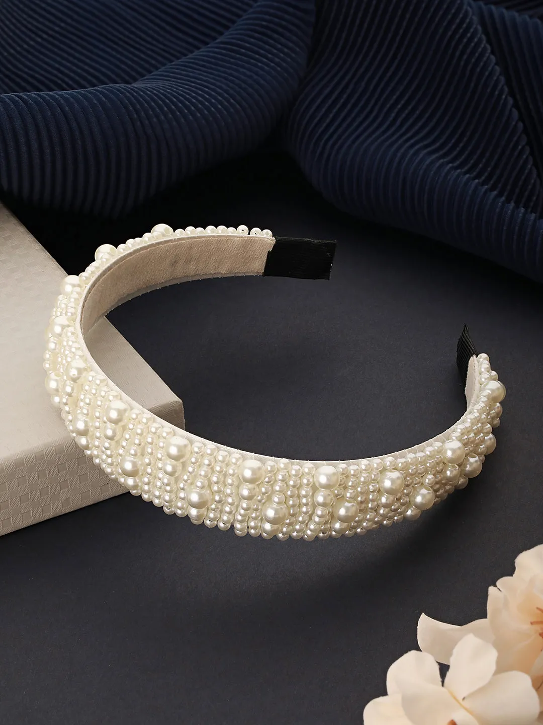 Gold-Toned & White Pearl Beaded Embellished Hairband