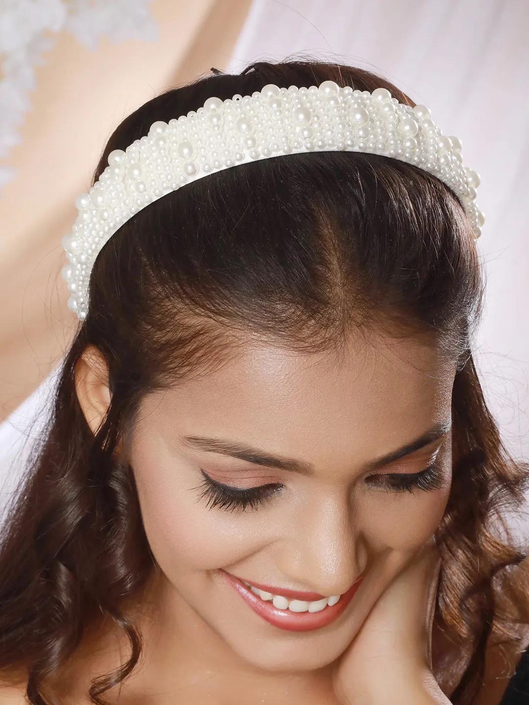 Gold-Toned & White Pearl Beaded Embellished Hairband