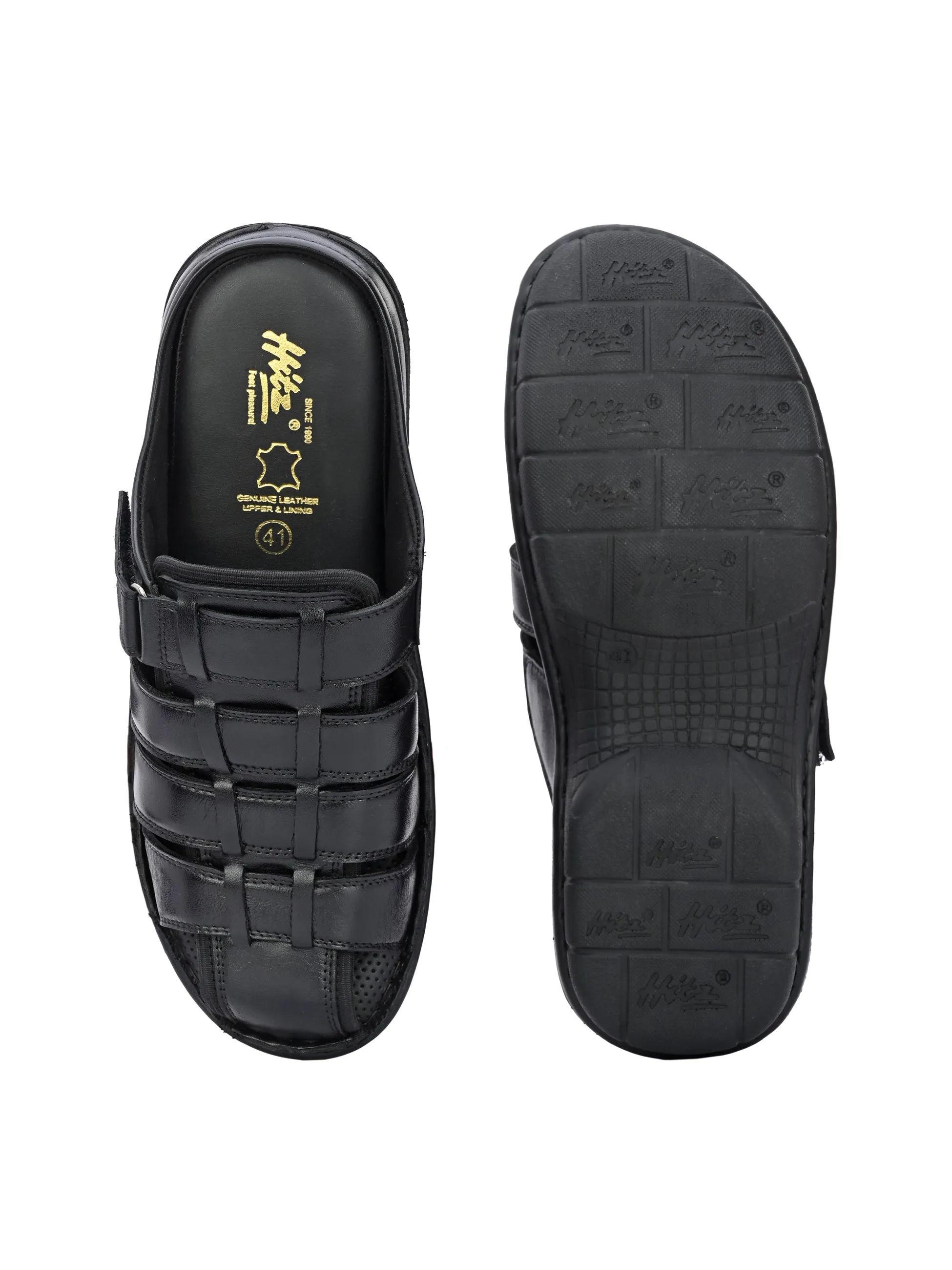 Hitz Men's Black Leather Comfort Slippers