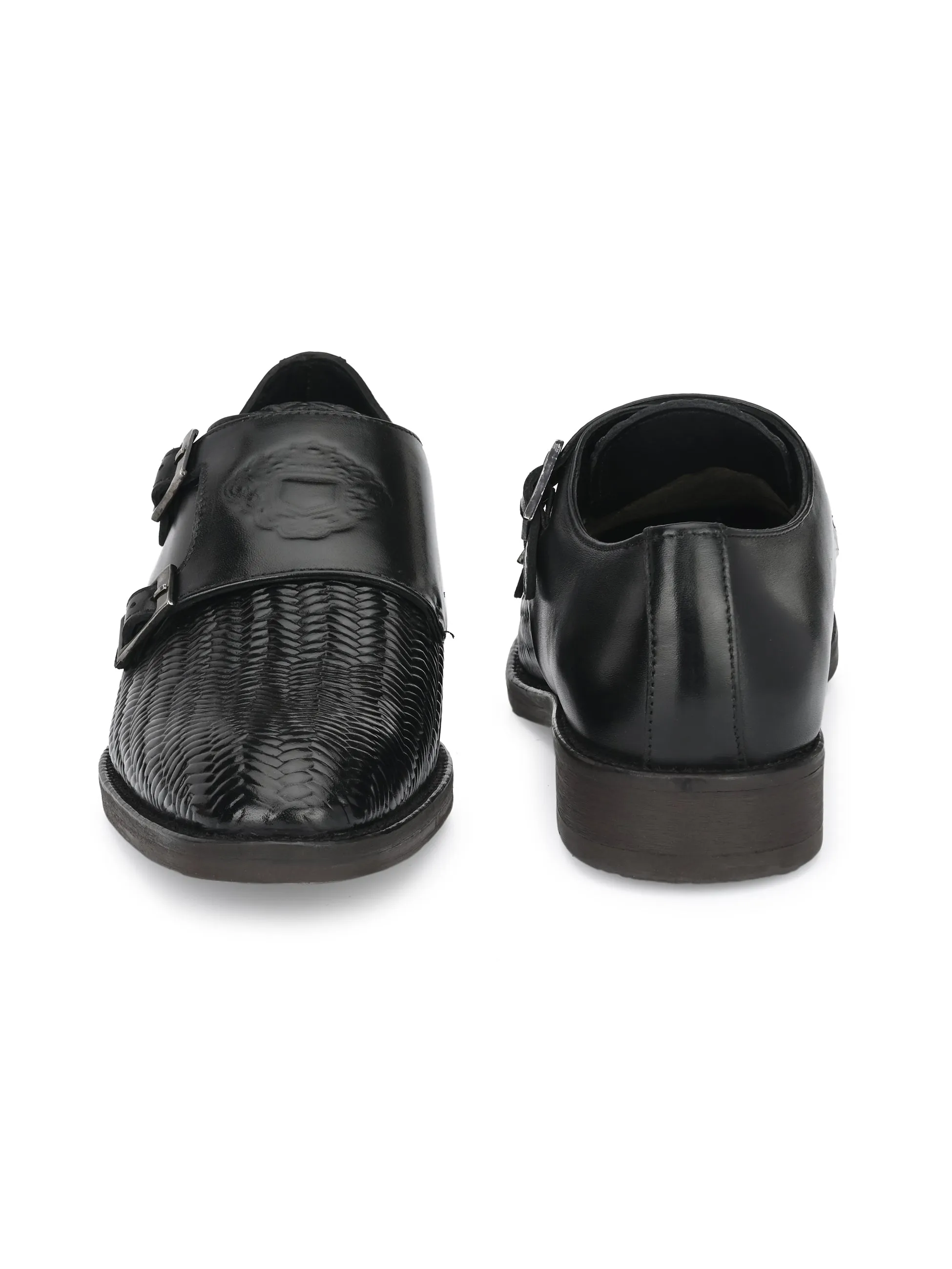 Hitz Men's Black Leather Double Strap Monk Shoes