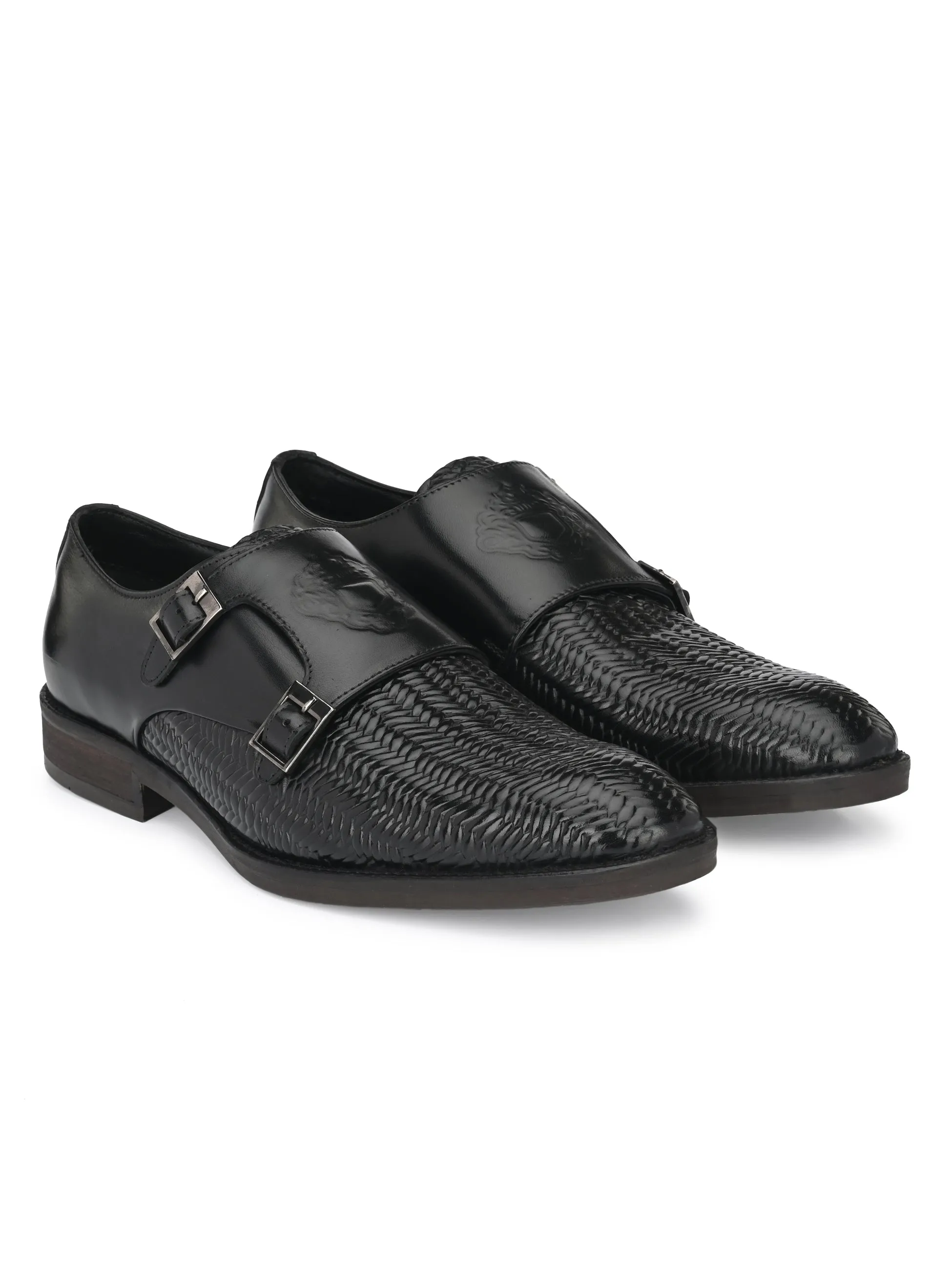 Hitz Men's Black Leather Double Strap Monk Shoes