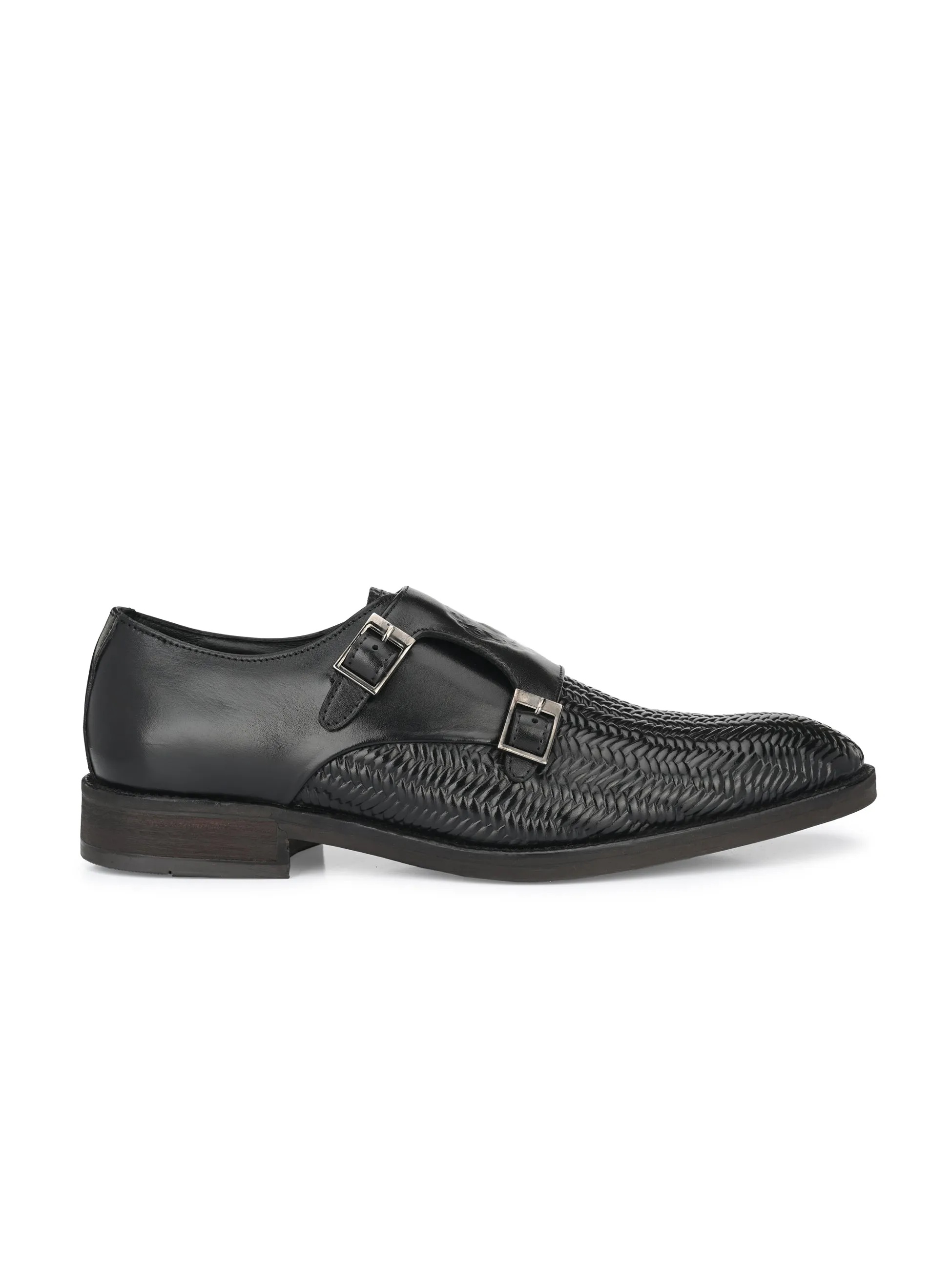 Hitz Men's Black Leather Double Strap Monk Shoes