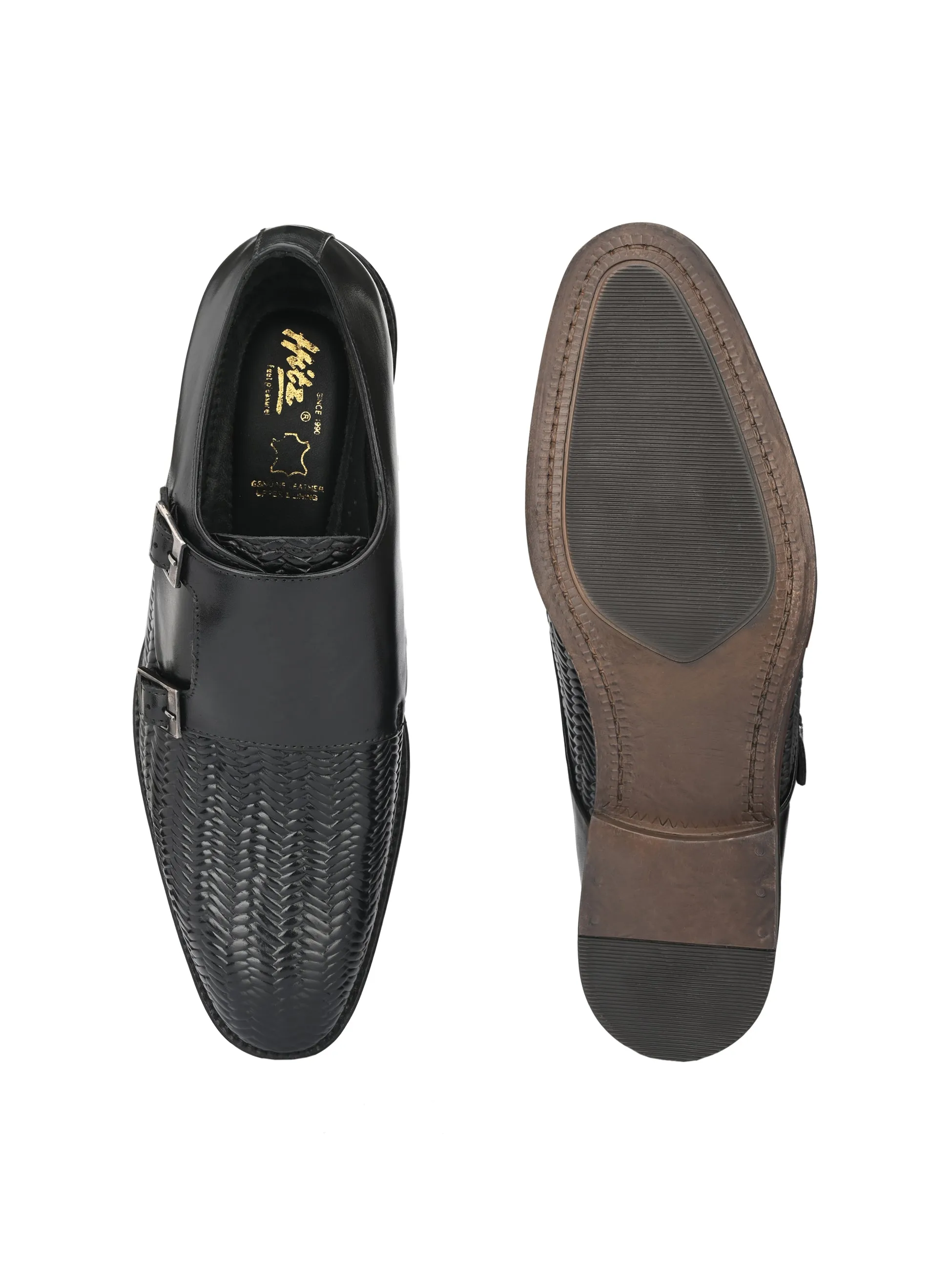 Hitz Men's Black Leather Double Strap Monk Shoes
