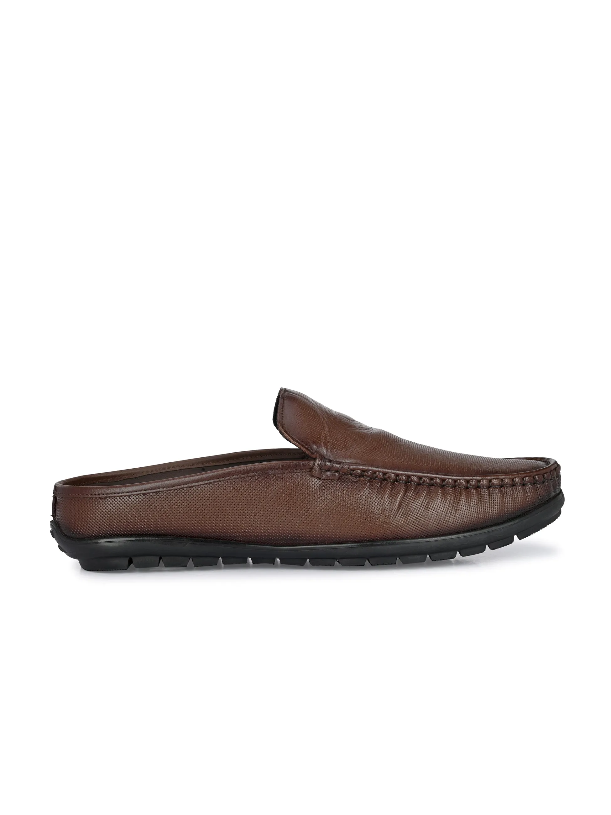 Hitz Men's Brown Leather Half Shoes Flat Mule Loafers