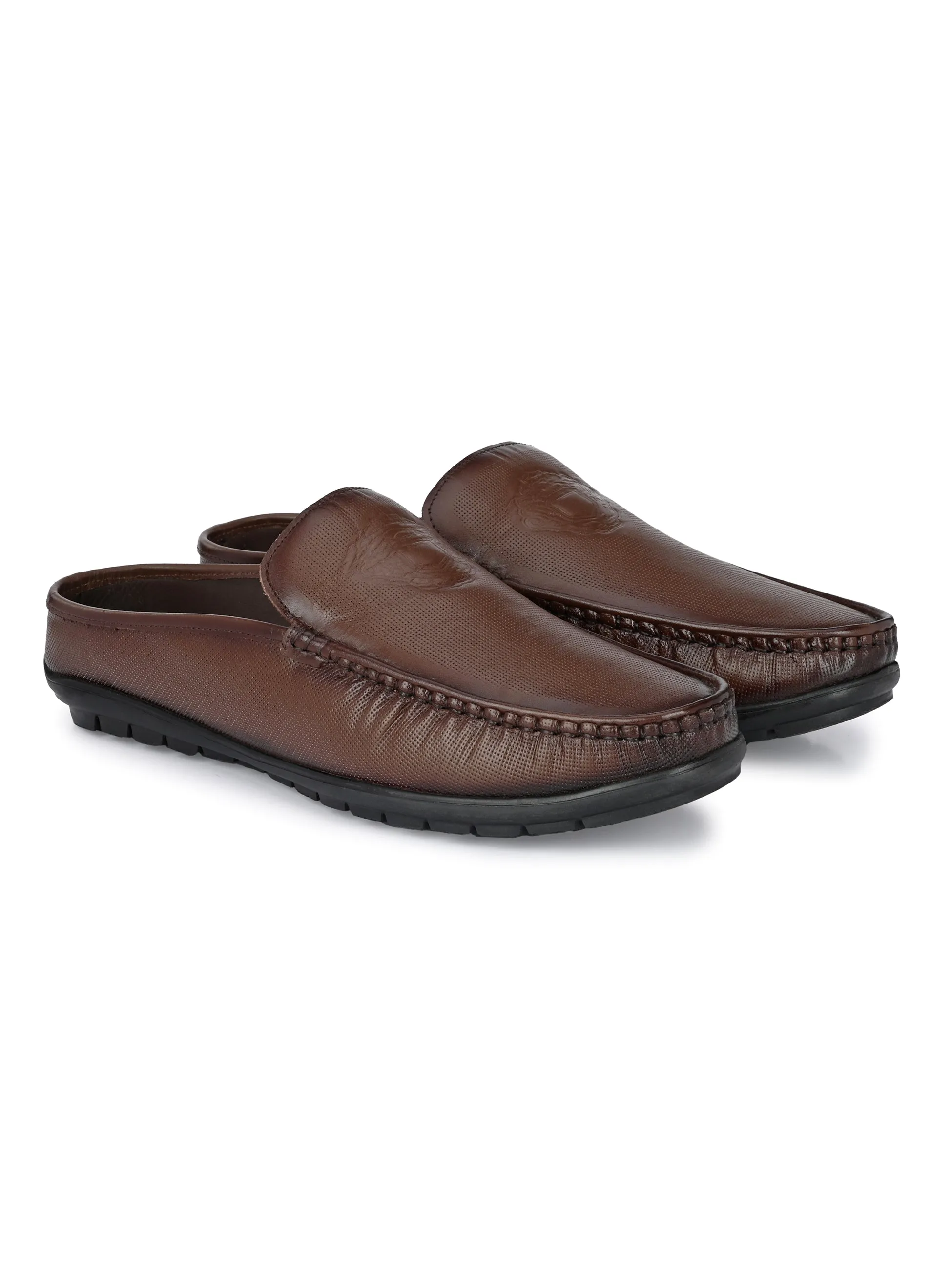 Hitz Men's Brown Leather Half Shoes Flat Mule Loafers