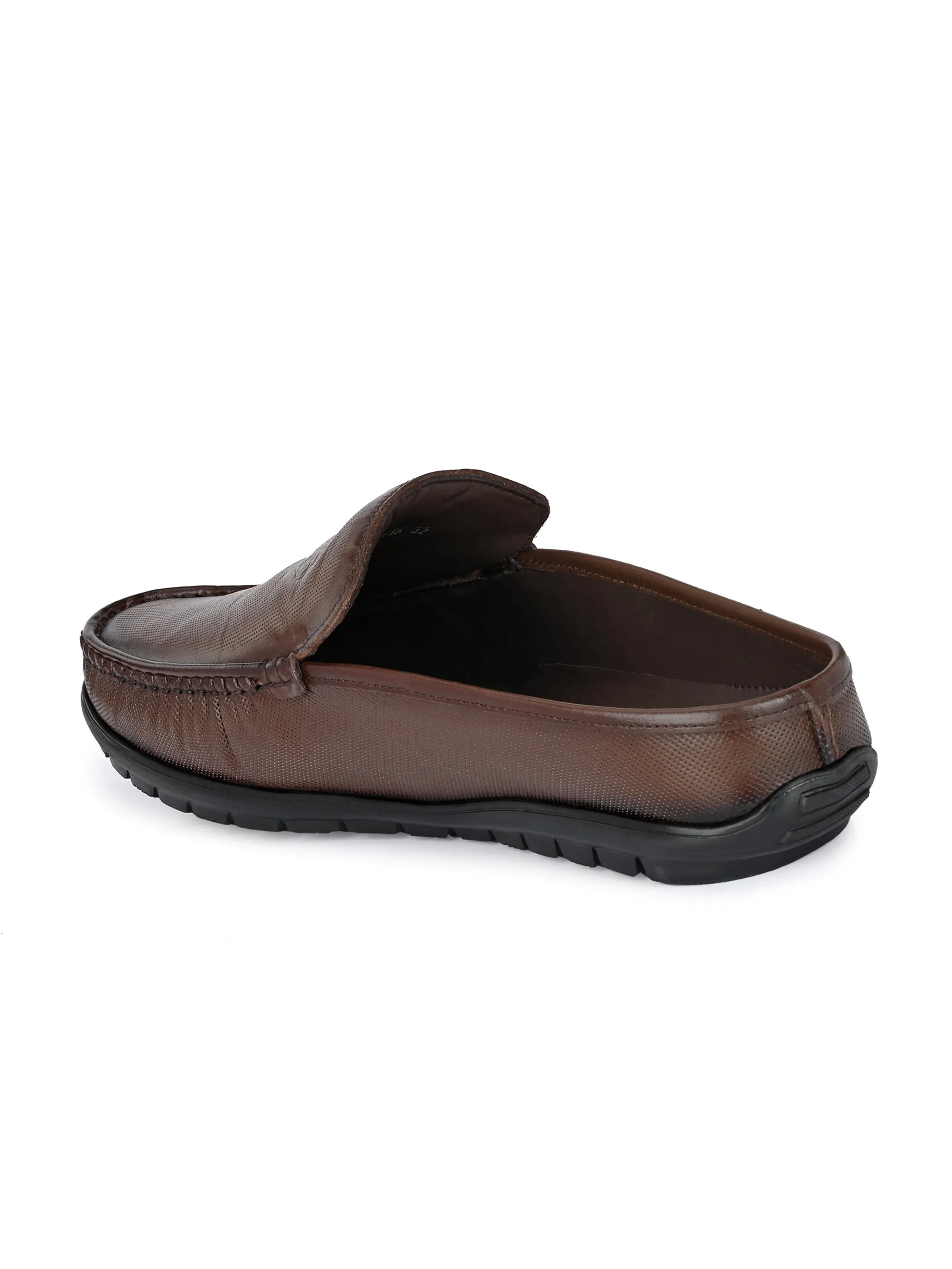 Hitz Men's Brown Leather Half Shoes Flat Mule Loafers