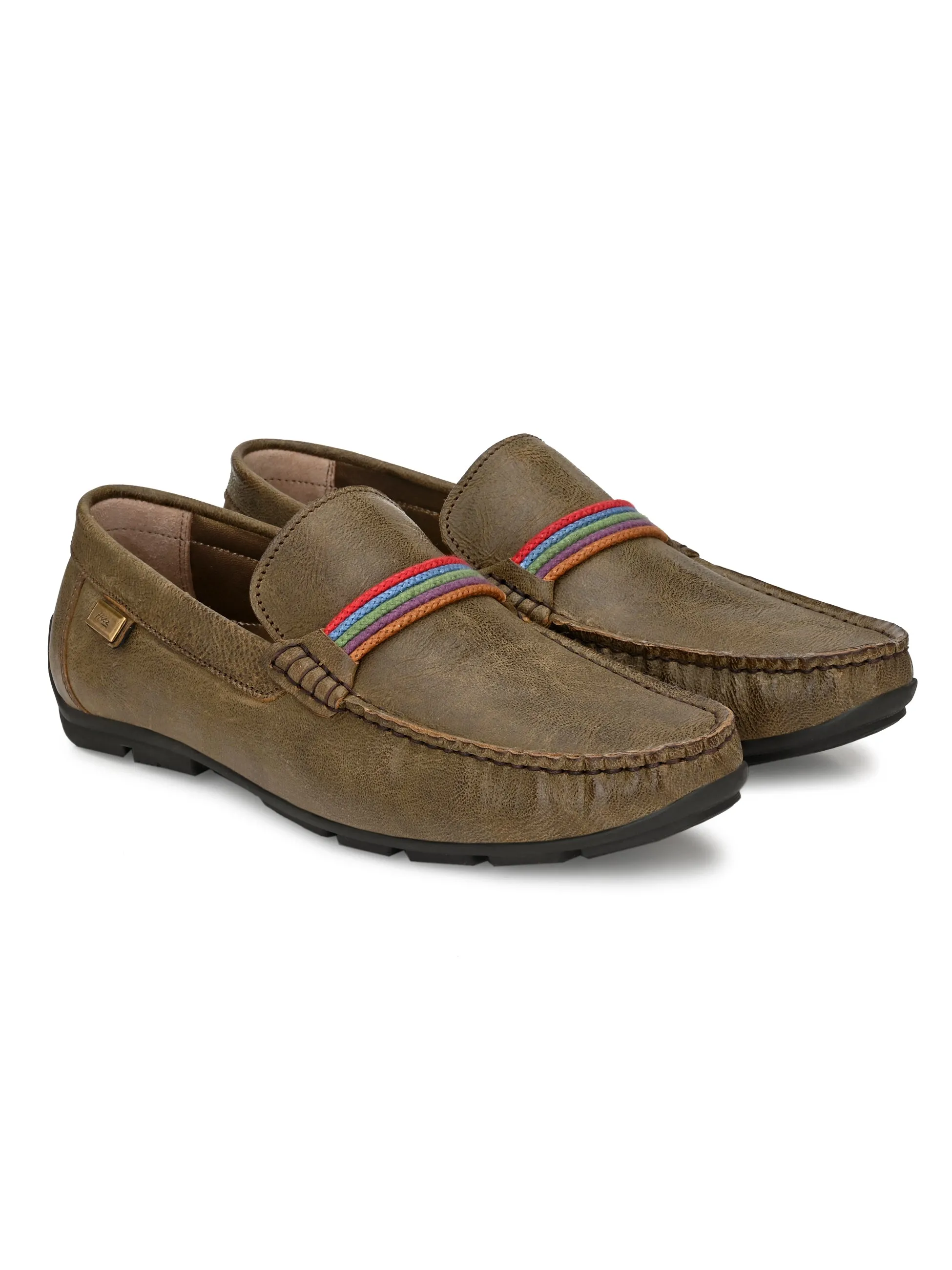 Hitz Men's Olive Leather Moccasins Loafer Shoes