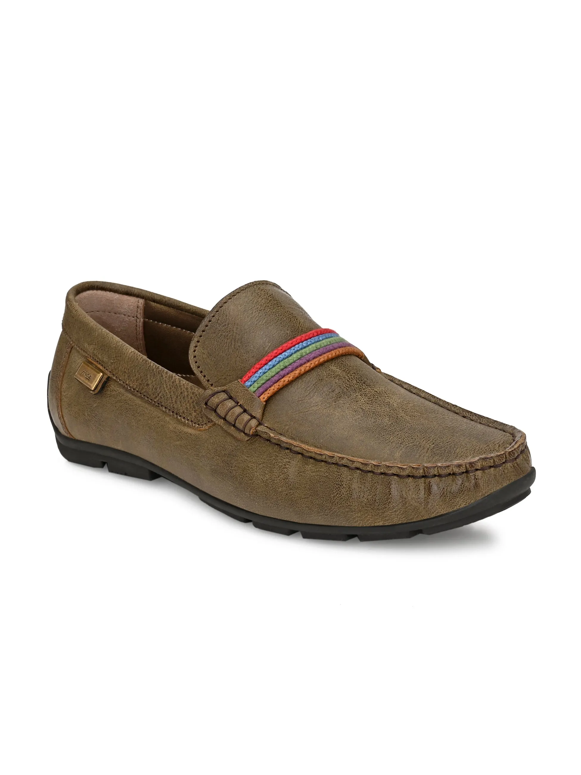 Hitz Men's Olive Leather Moccasins Loafer Shoes