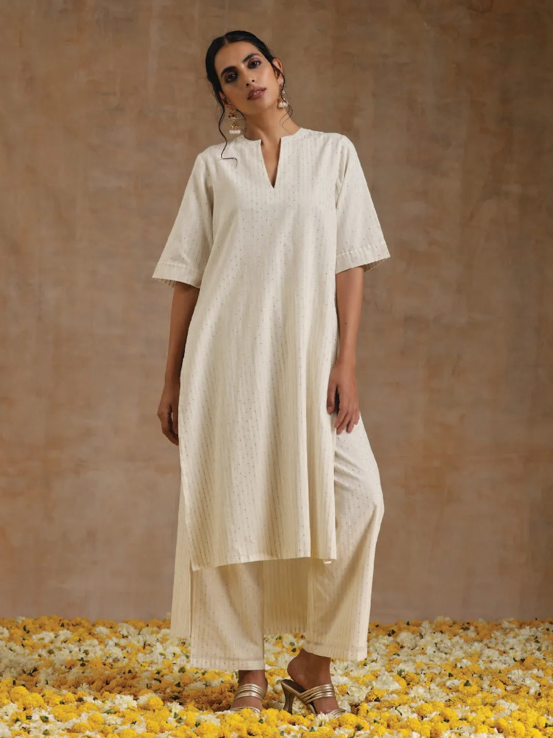 Ivory Gold Cotton Relaxed High-Low Kurta Set