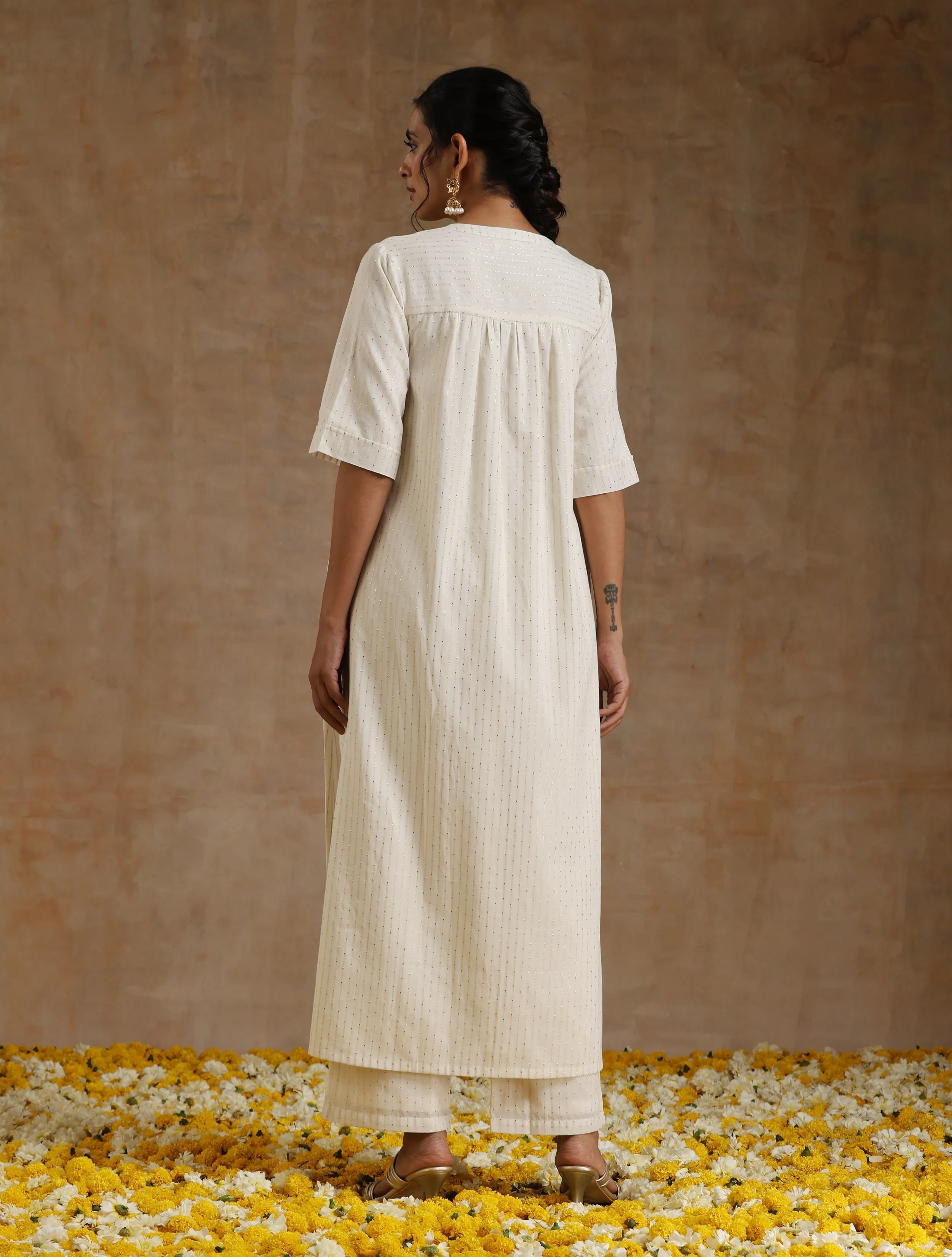 Ivory Gold Cotton Relaxed High-Low Kurta Set