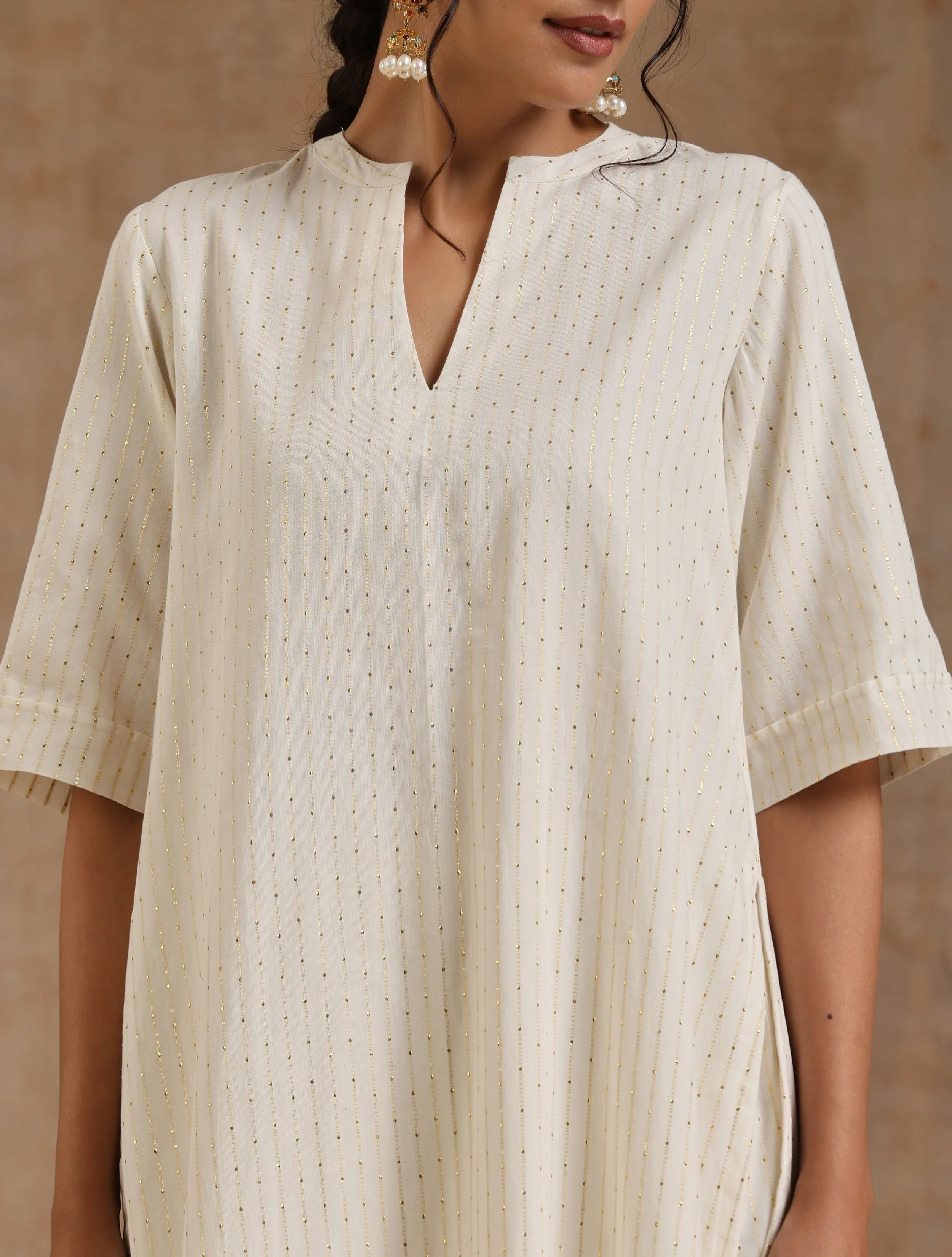 Ivory Gold Cotton Relaxed High-Low Kurta Set