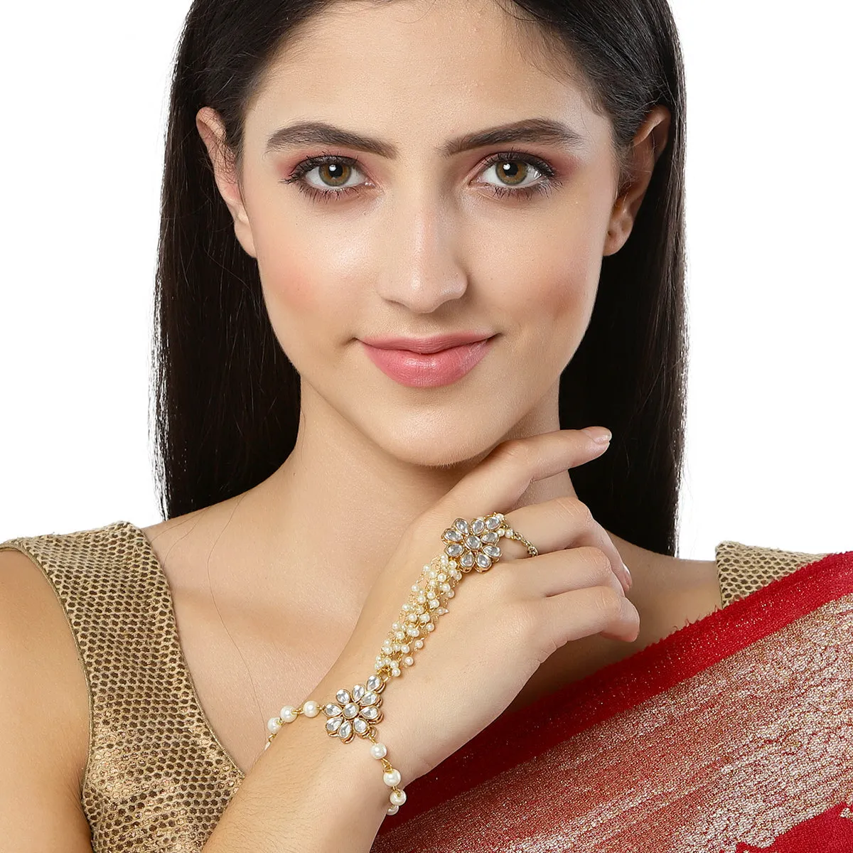 Karacart Gold Plated Pearl and Floral Kundan Hathphool for Women