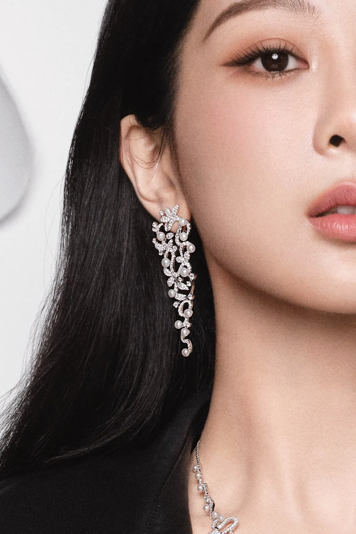 Long Flower Drop Earrings with Pearls