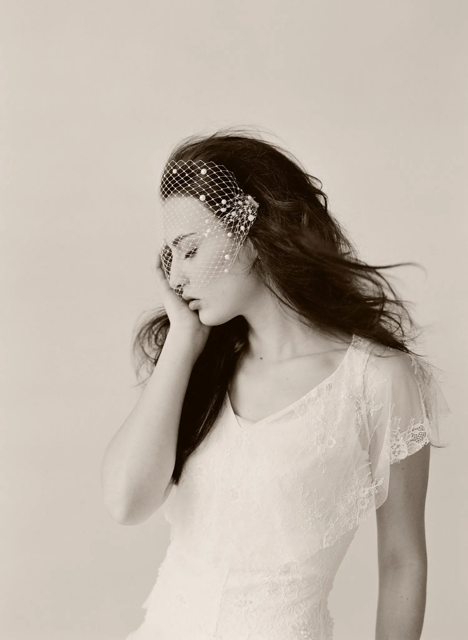 Pearl adorned bandeau birdcage veil - Style # 430
