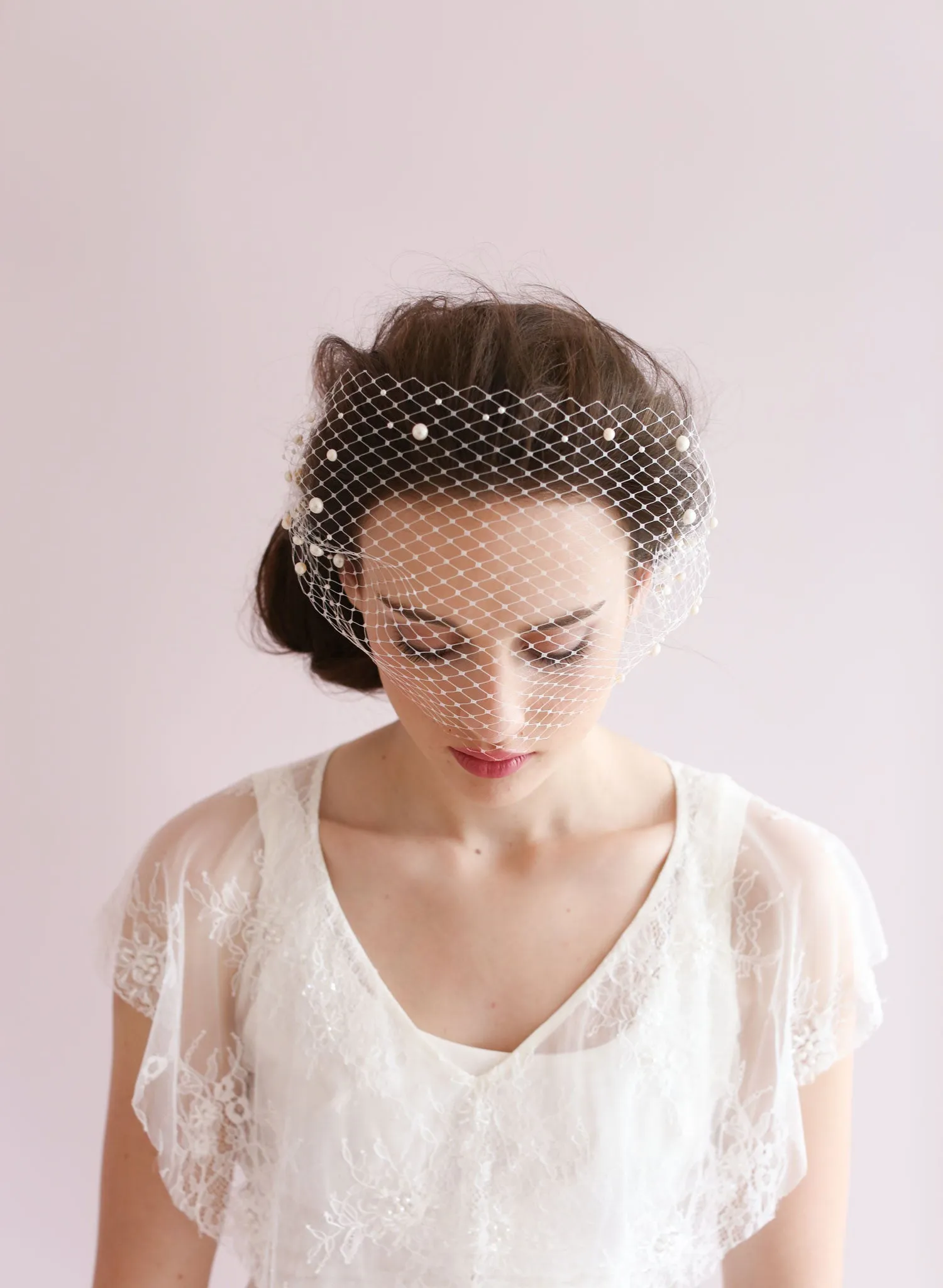 Pearl adorned bandeau birdcage veil - Style # 430