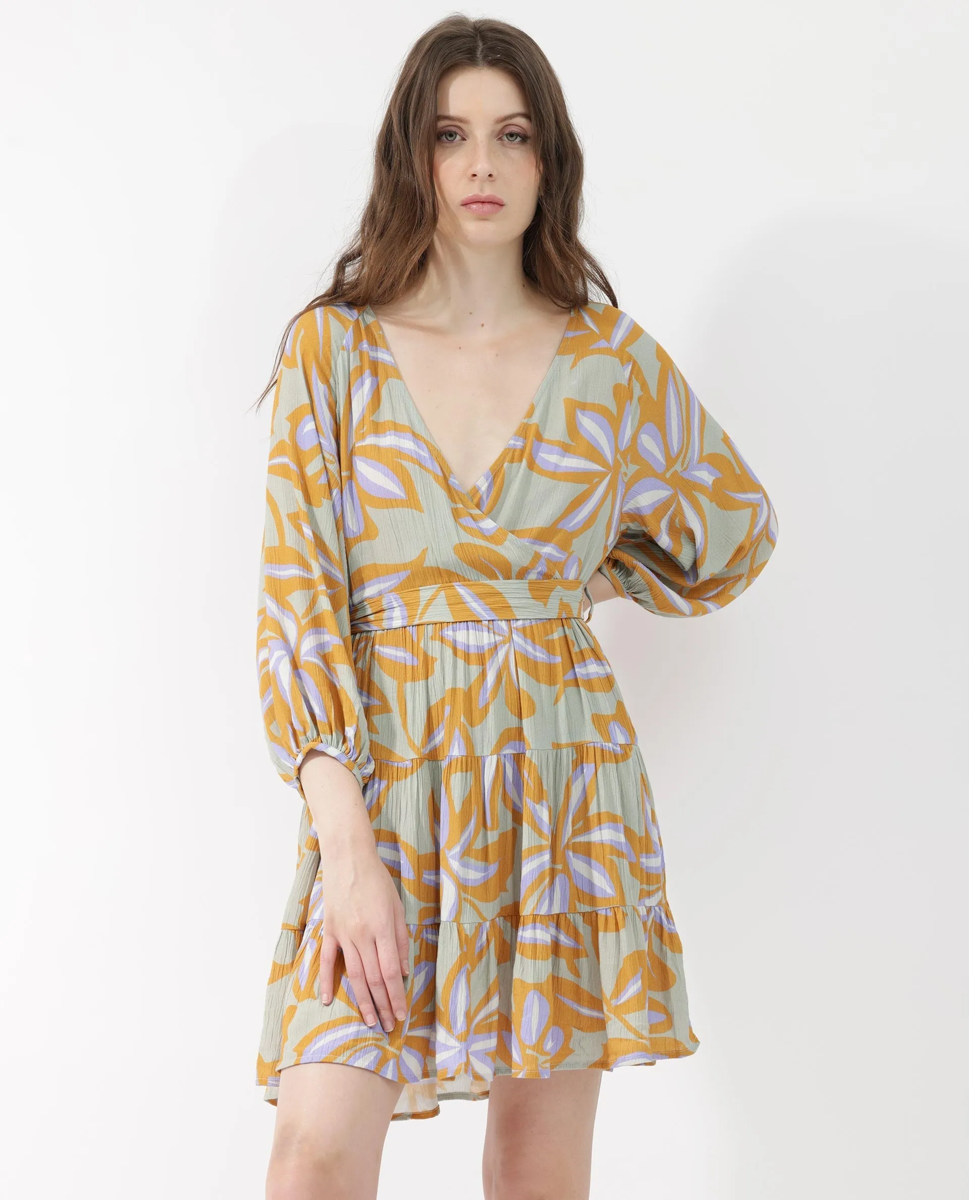 Rareism Women Walter Light Multi Cotton Fabric 3/4Th Sleeves Over Lap Raglan Sleeve Regular Fit Abstract Print Knee Length Dress