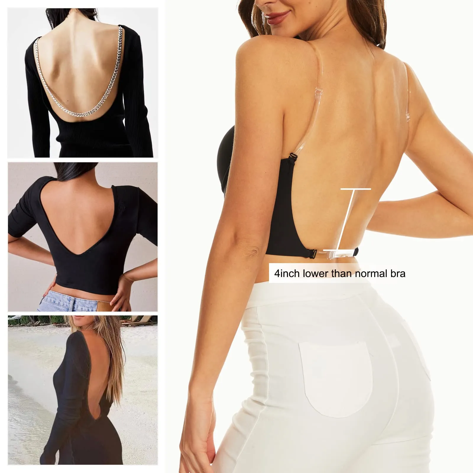 SheCurve® Plunging Low-Back Bra - Black Beige White (3 Pack)