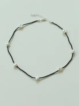 Small Petal Baroque Pearl and Black Spinel Beaded Necklace