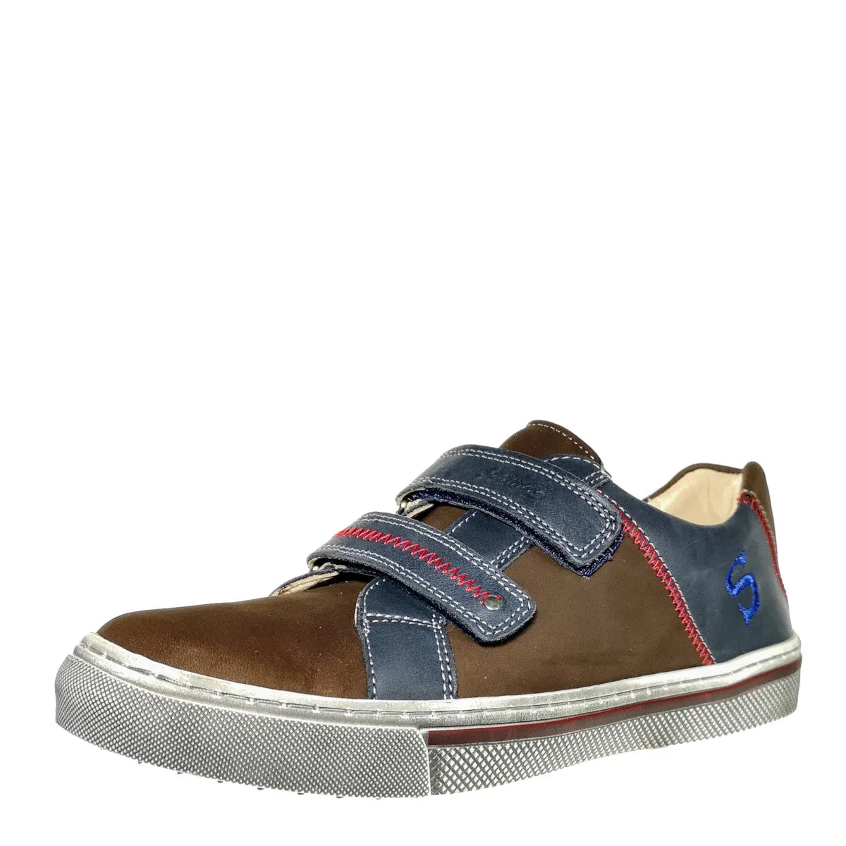 Szamos kid boy sneakers in brown and blue color and double velcro strap big kid size