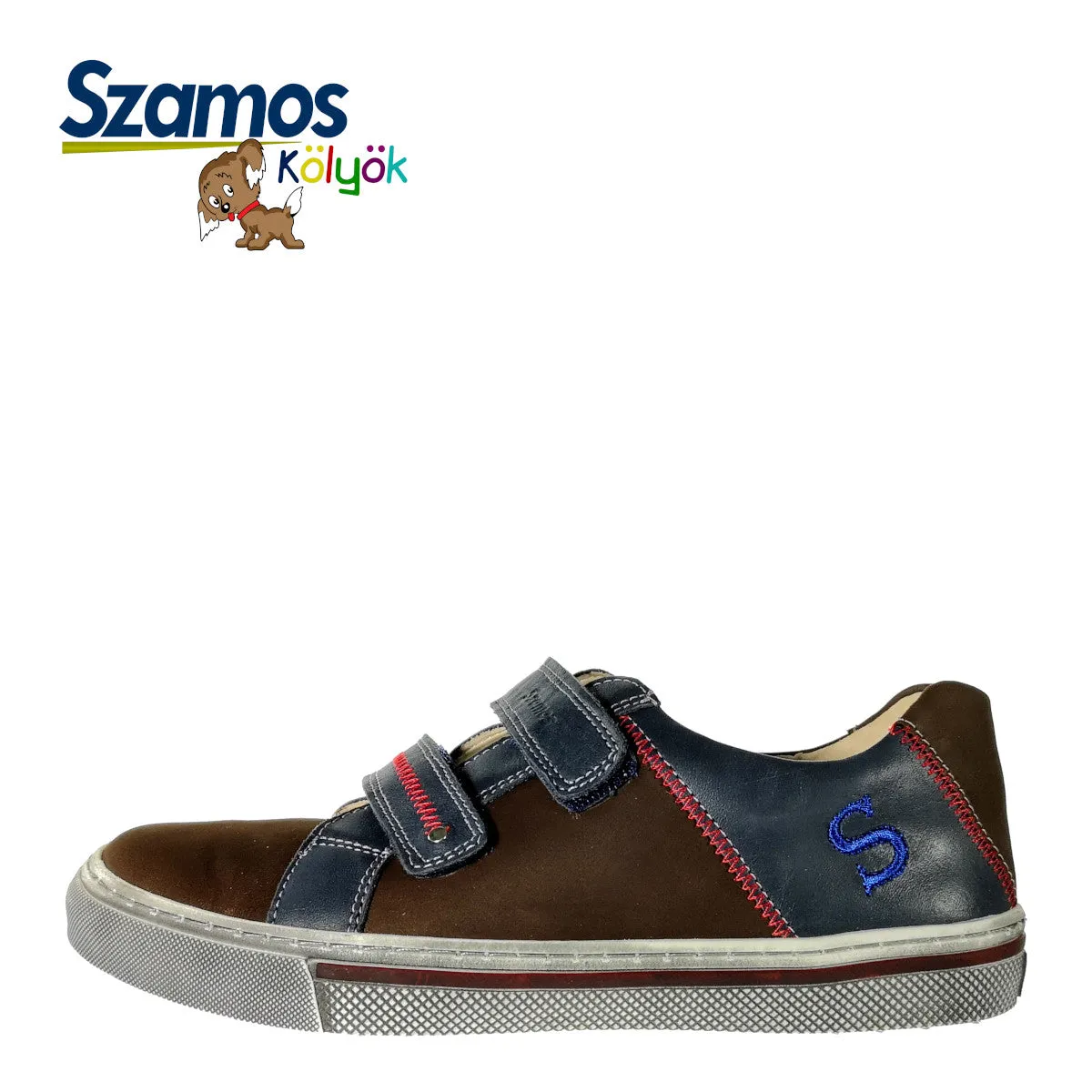 Szamos kid boy sneakers in brown and blue color and double velcro strap big kid size