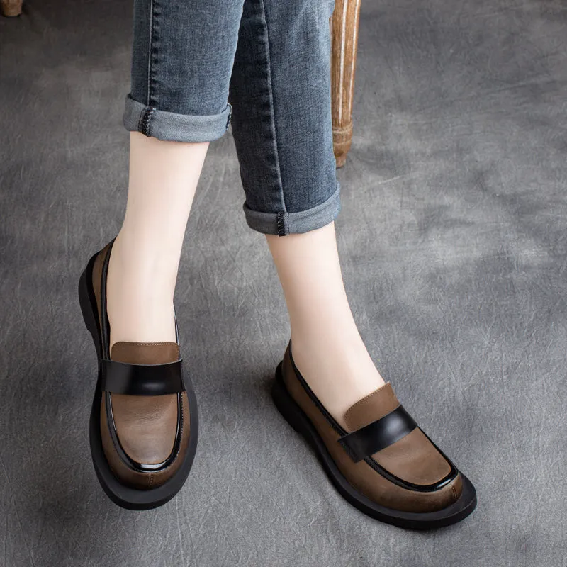 Women Cowhide Retro Patchwork Loafers