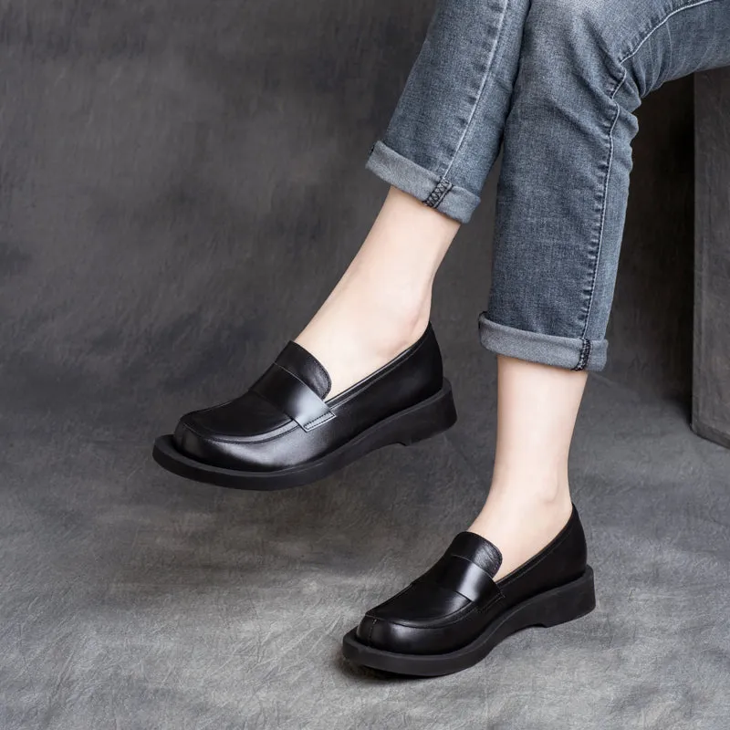 Women Cowhide Retro Patchwork Loafers