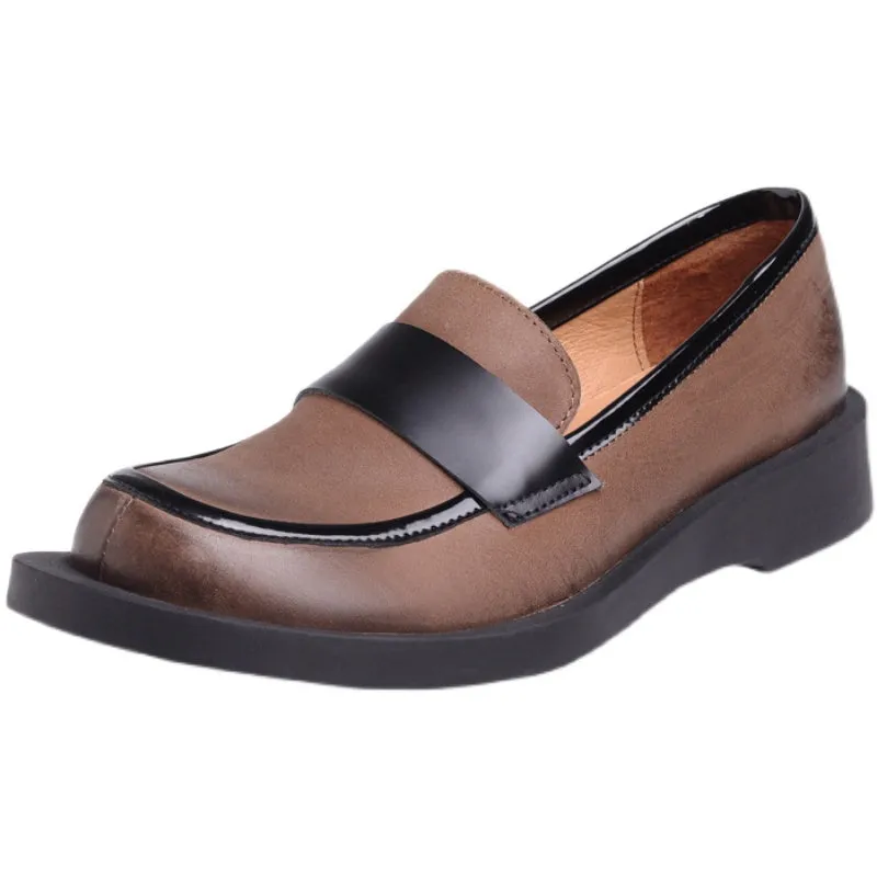 Women Cowhide Retro Patchwork Loafers
