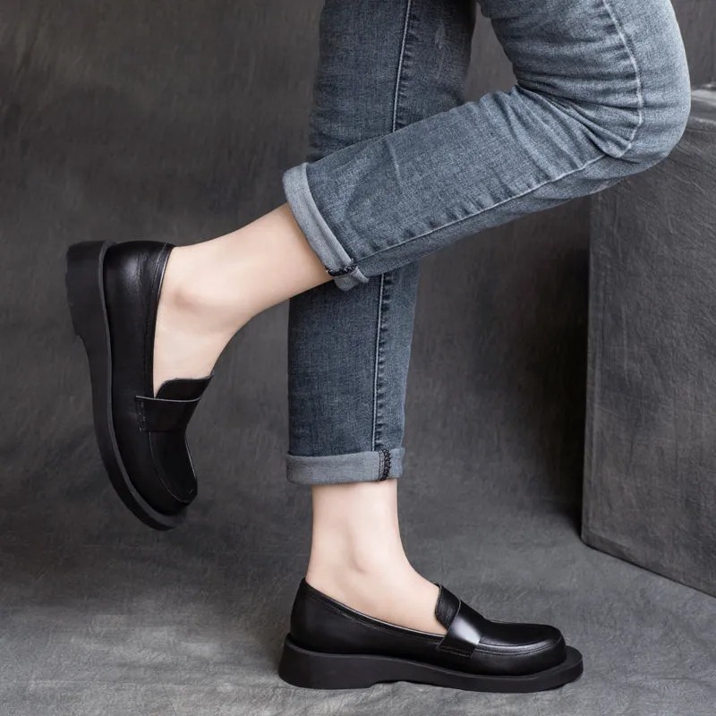 Women Cowhide Retro Patchwork Loafers
