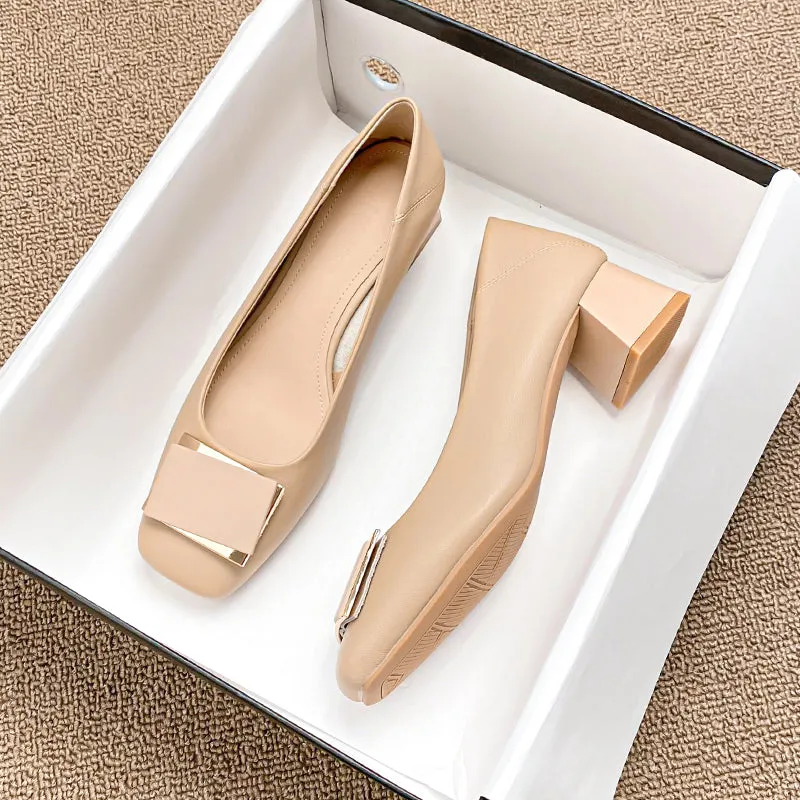 Women Fashion Casual Leather Chunky Heel Pumps