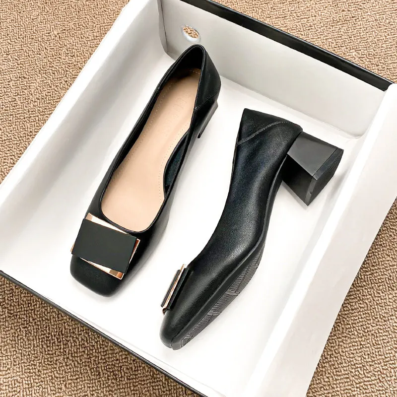 Women Fashion Casual Leather Chunky Heel Pumps