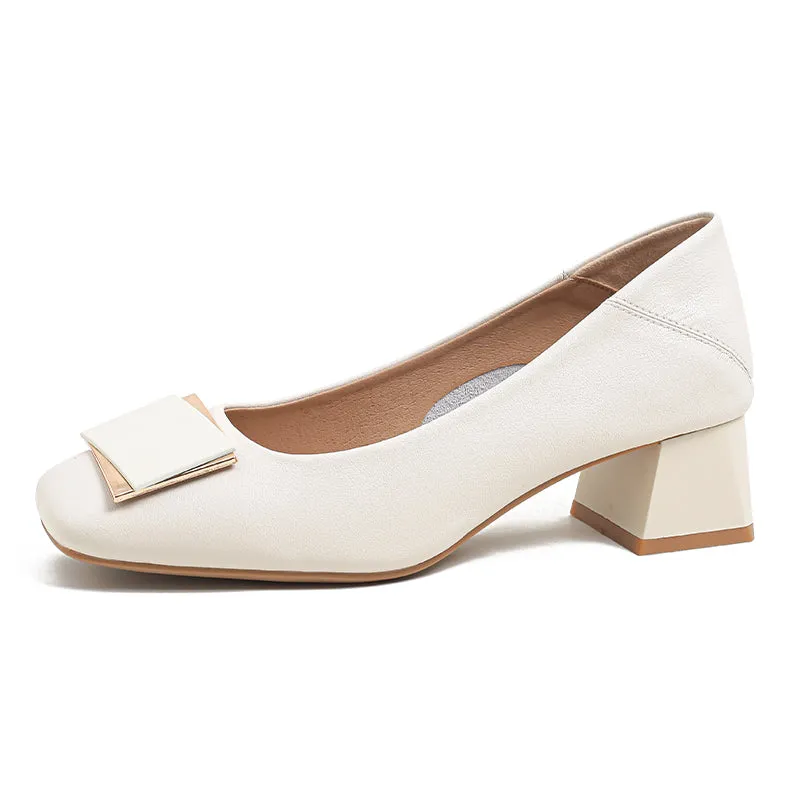 Women Fashion Casual Leather Chunky Heel Pumps