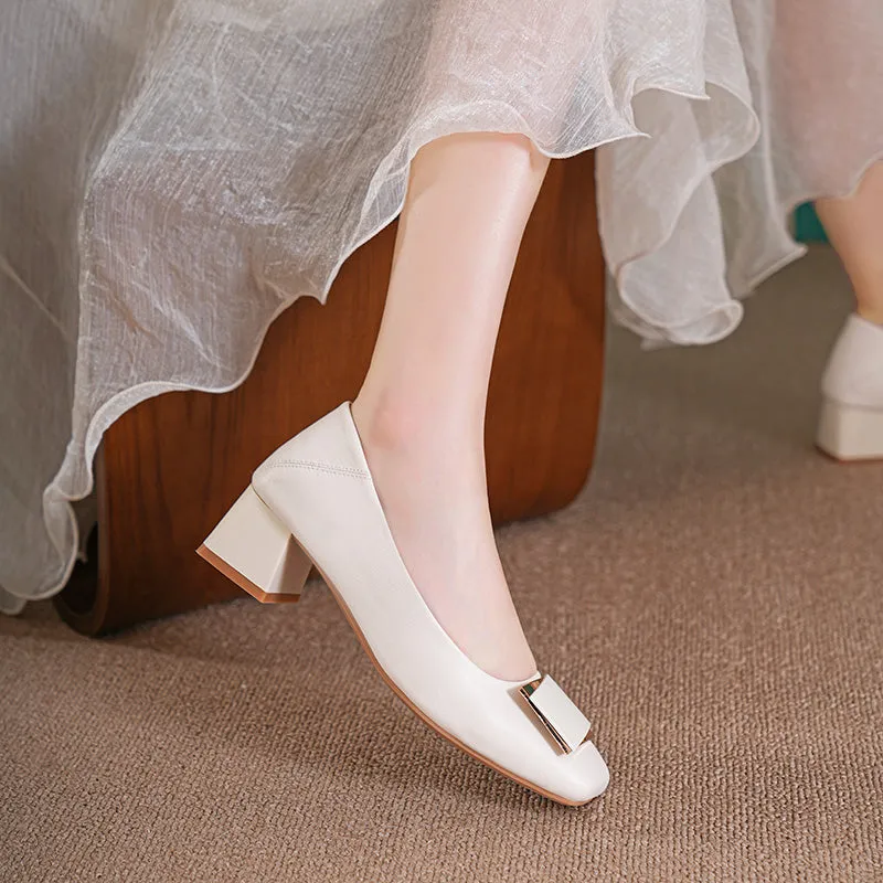 Women Fashion Casual Leather Chunky Heel Pumps