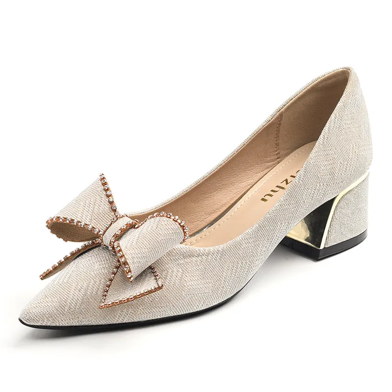 Women Fashion Pointed Toe Chunky Heels Pumps
