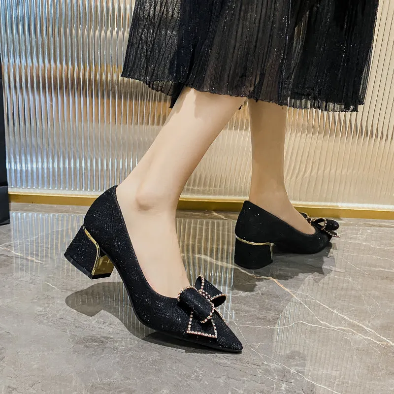 Women Fashion Pointed Toe Chunky Heels Pumps