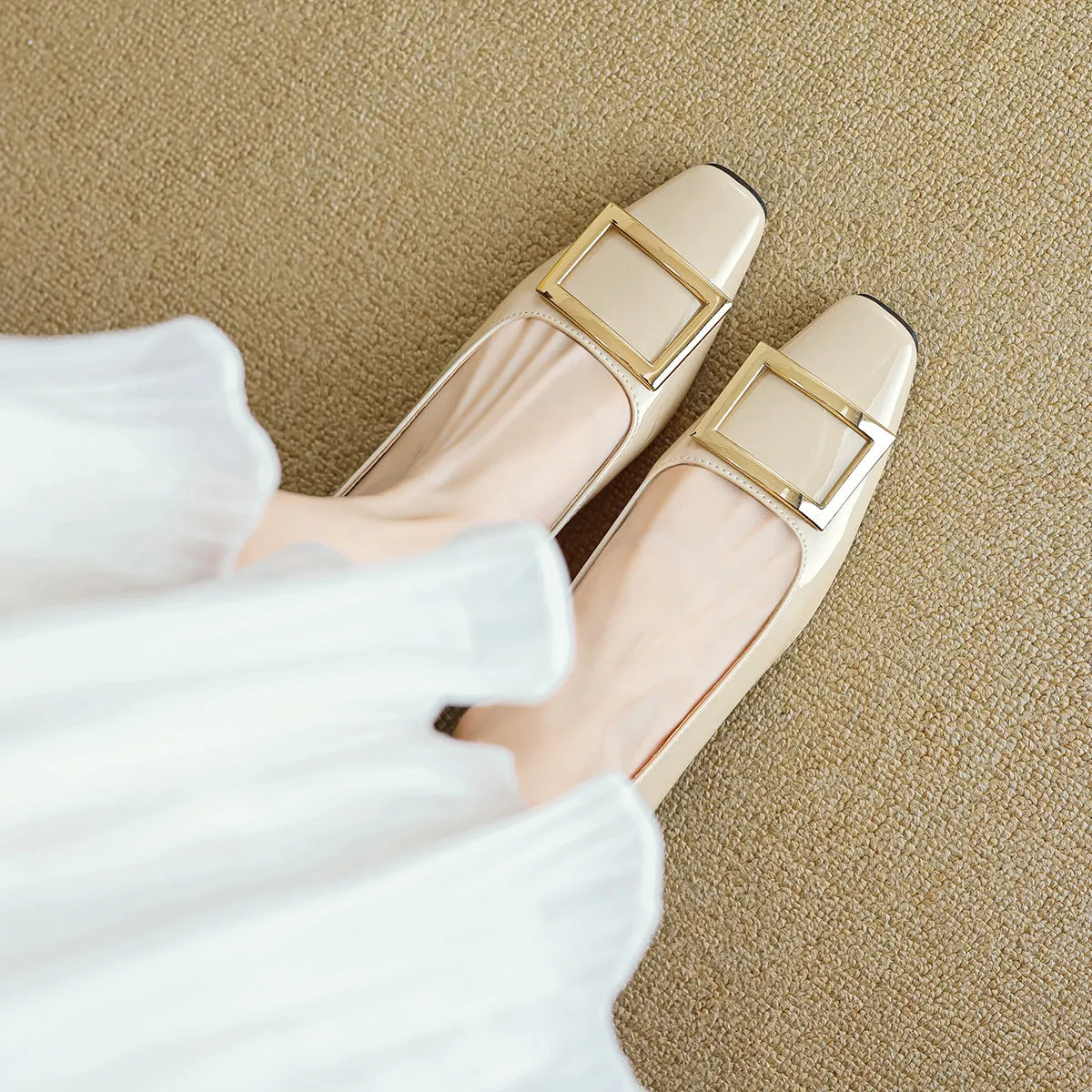 Women Fashion Squared Head Glossy Casual Pumps