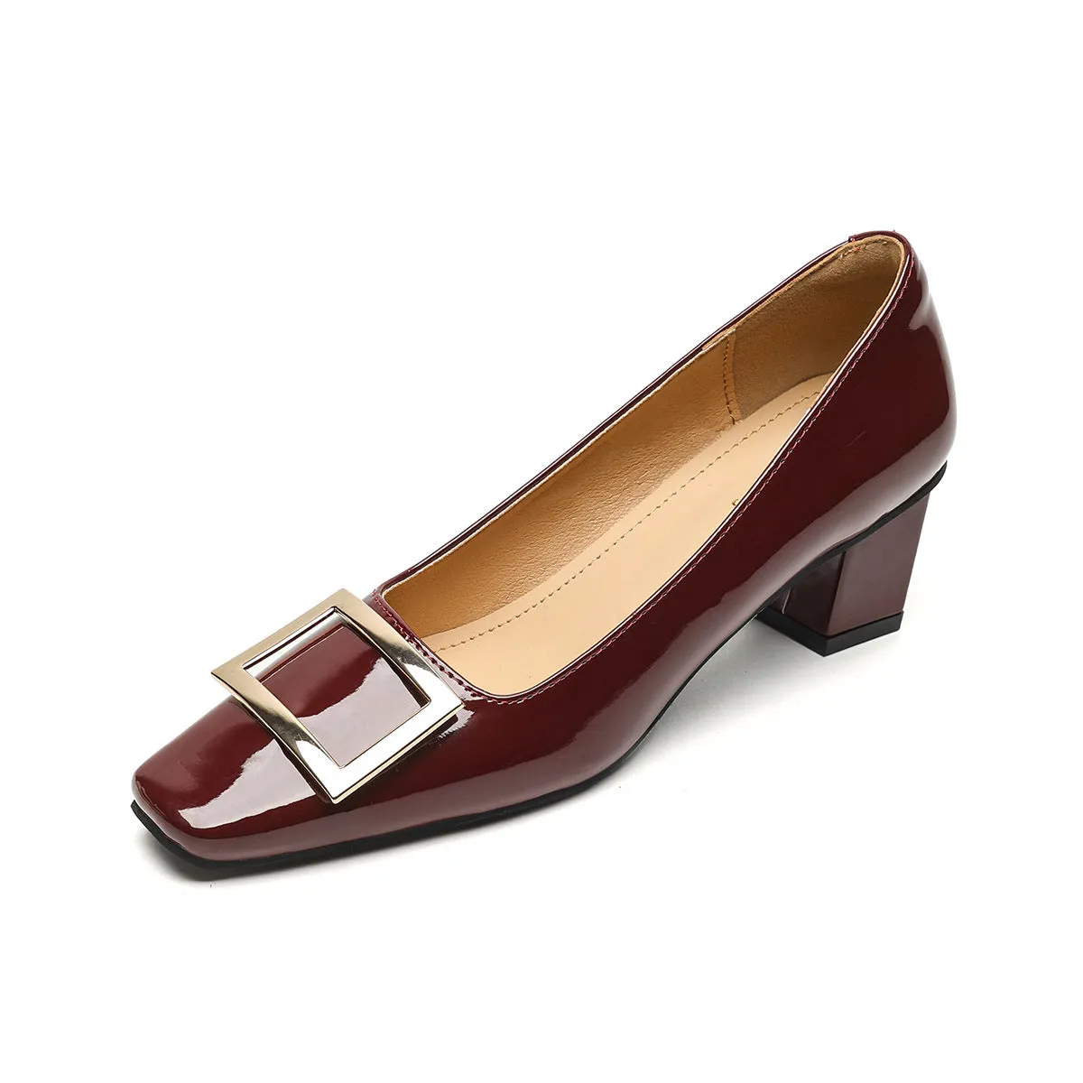 Women Fashion Squared Head Glossy Casual Pumps